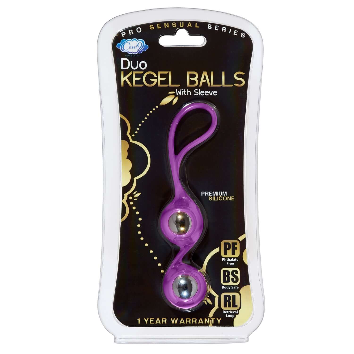 Purple Duo Kegel Balls by Cloud 9 in packaging, featuring premium silicone sleeve and chrome-plated metal balls for pelvic strengthening.