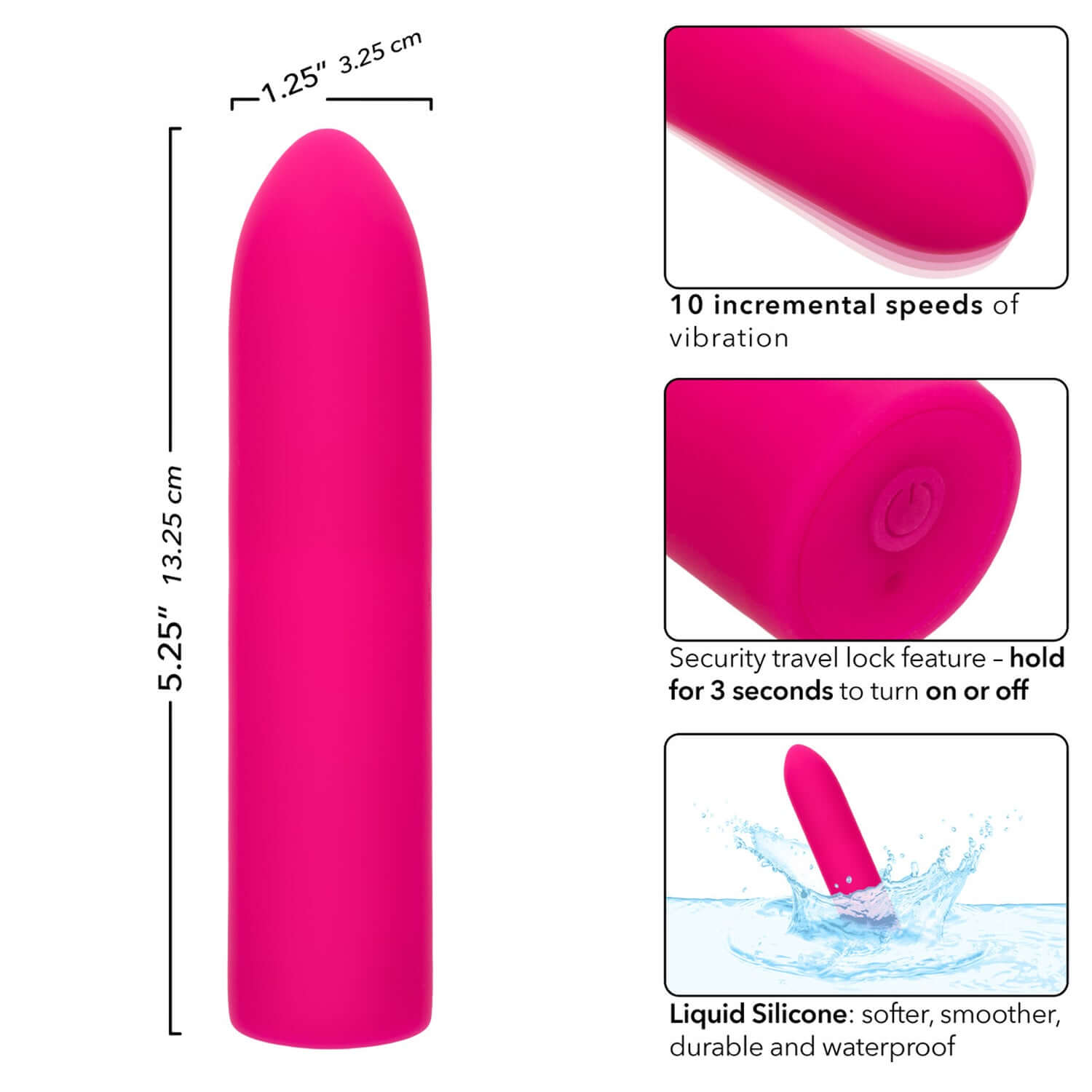 Rechargeable Classic Chic Mini in pink, showcasing 10 speeds, liquid silicone, and waterproof design for intimate pleasure.