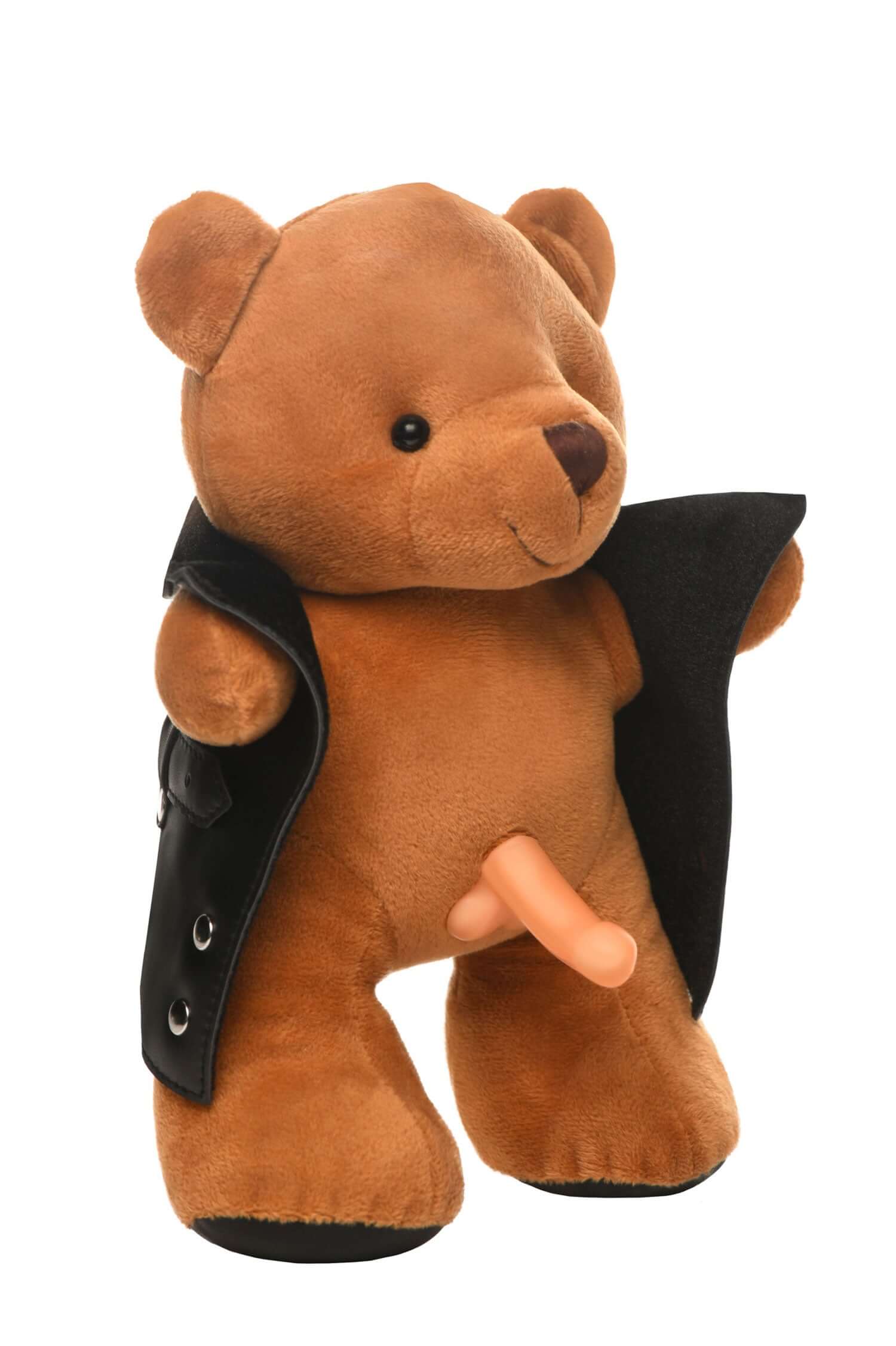 Plush teddy bear with a black vest, featuring a humorous surprise, ideal for gag gifts, aftercare, or playful collections.