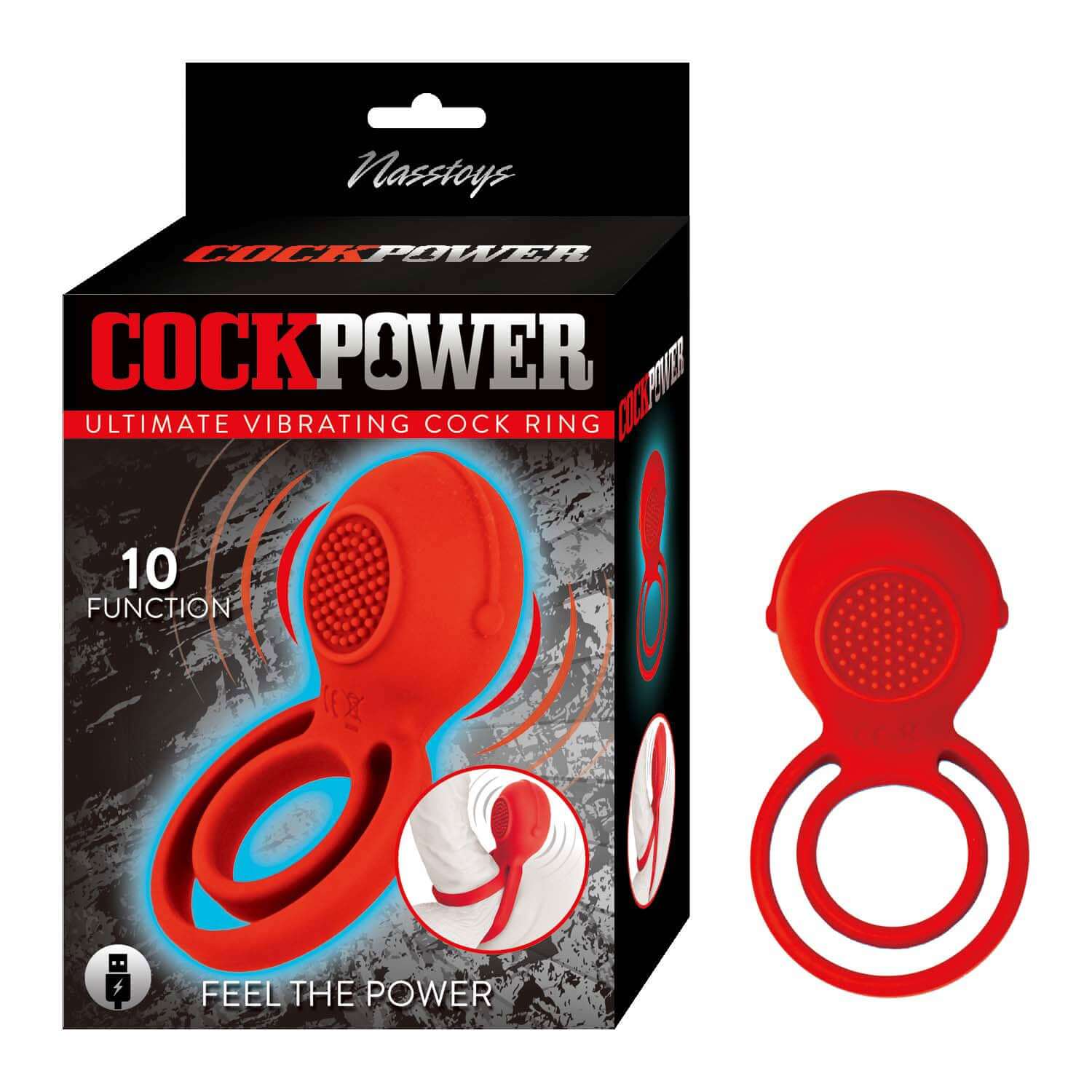 Red Cockpower Ultimate Vibrating Cockring packaging and product with 10 functions by Nasstoys.