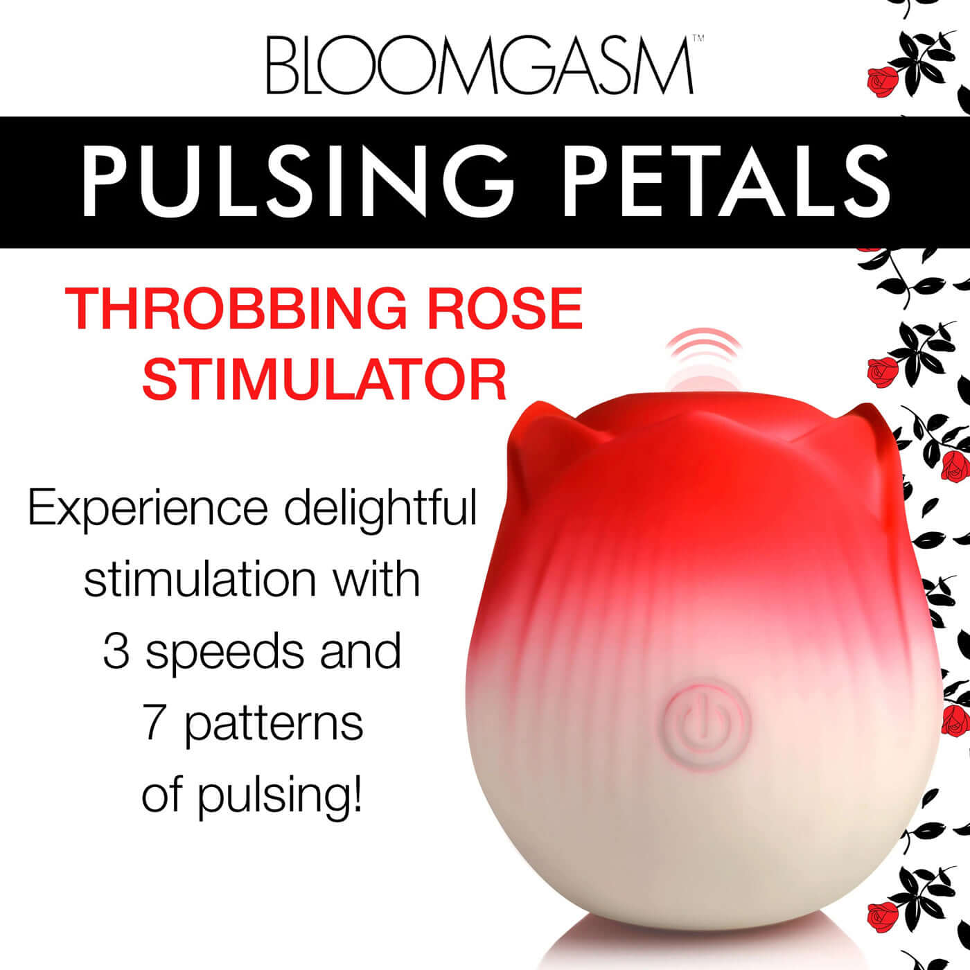 Pulsing Petals Throbbing Rose Stimulator with 3 speeds and 7 patterns for sensual pulsations, premium silicone, waterproof.