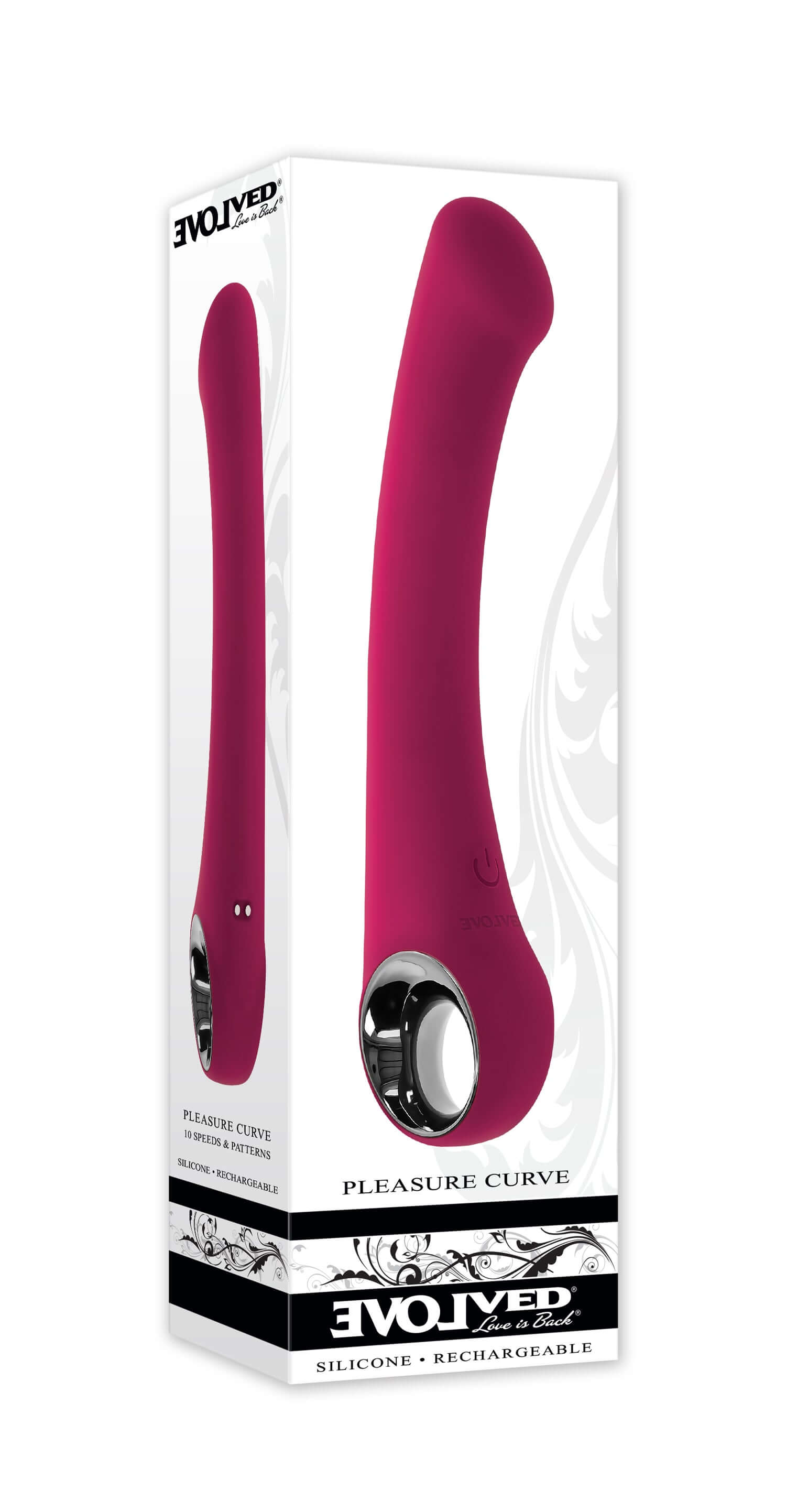 Pleasure Curve G-spot vibrator in burgundy packaging, featuring a sleek design and chrome-finished handle for comfort.