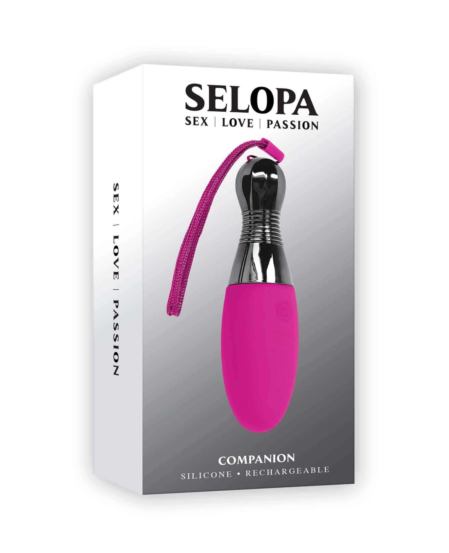 Pink silicone companion bullet vibrator with chrome handle, packaging displaying "Selopa Sex Love Passion" branding.