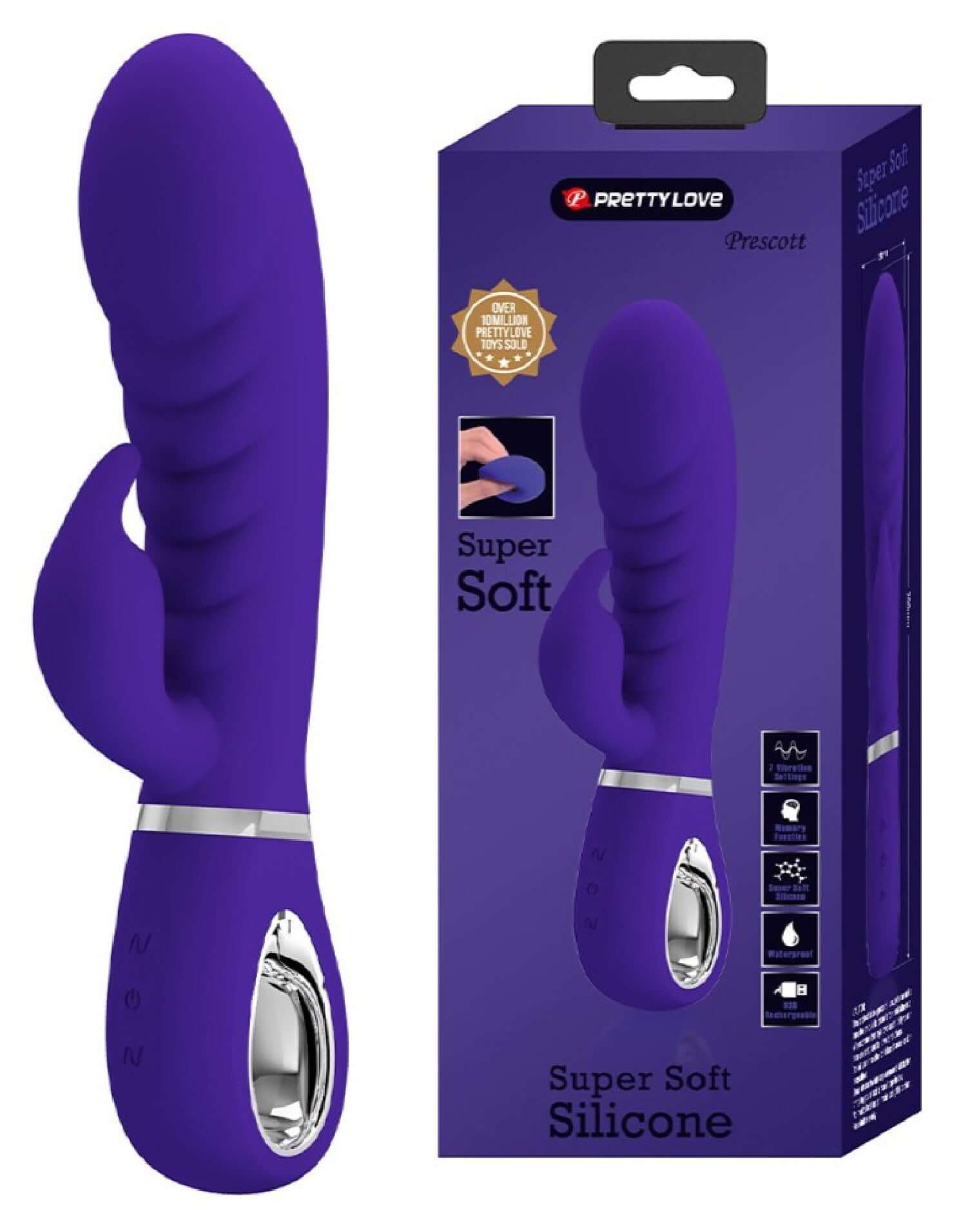 Prescott super soft rabbit silicone vibrator in purple with smooth, ultra soft touch for a comfortable, skin-friendly feel.