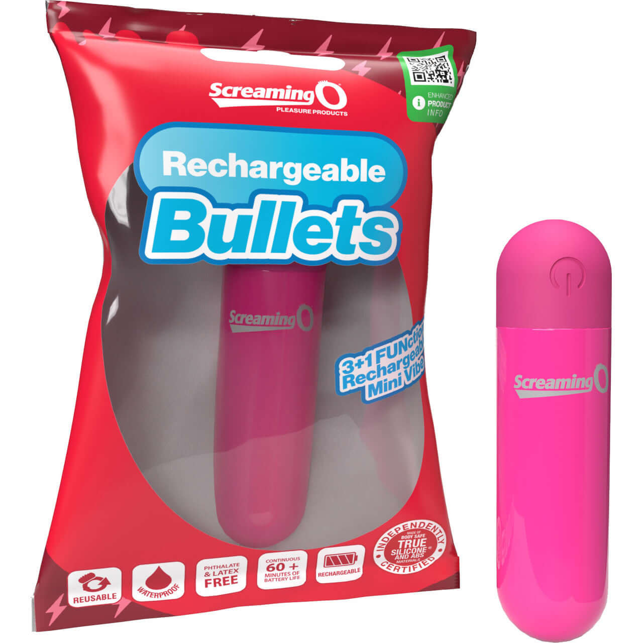 Screaming O Rechargeable Bullet in pink packaging with product shown next to it