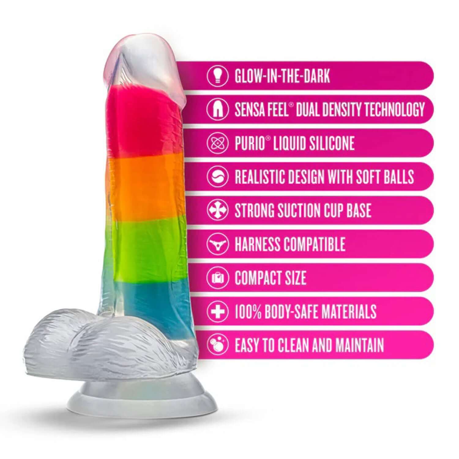 Neo Elite Glow in the Dark Rainbow Rave 6.5 inches Silicone Dual Density Dildo Multicolored