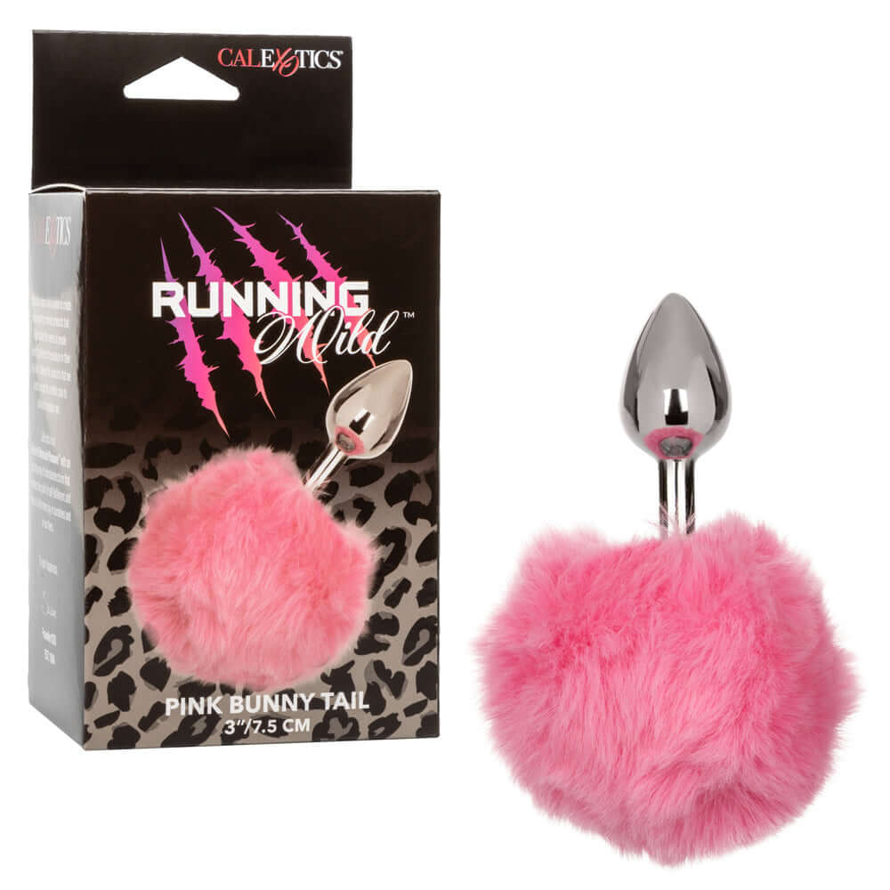 Running Wild Bunny Anal Plug - Pink, featuring a sleek metallic probe with a fluffy pink bunny tail, enhancing sensual playful experiences.