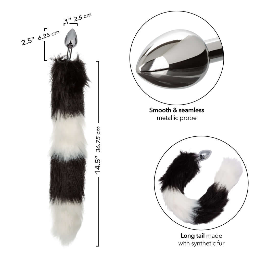 Black and white Running Wild Tail anal plug with smooth metallic probe and long synthetic fur tail for exotic pleasure.