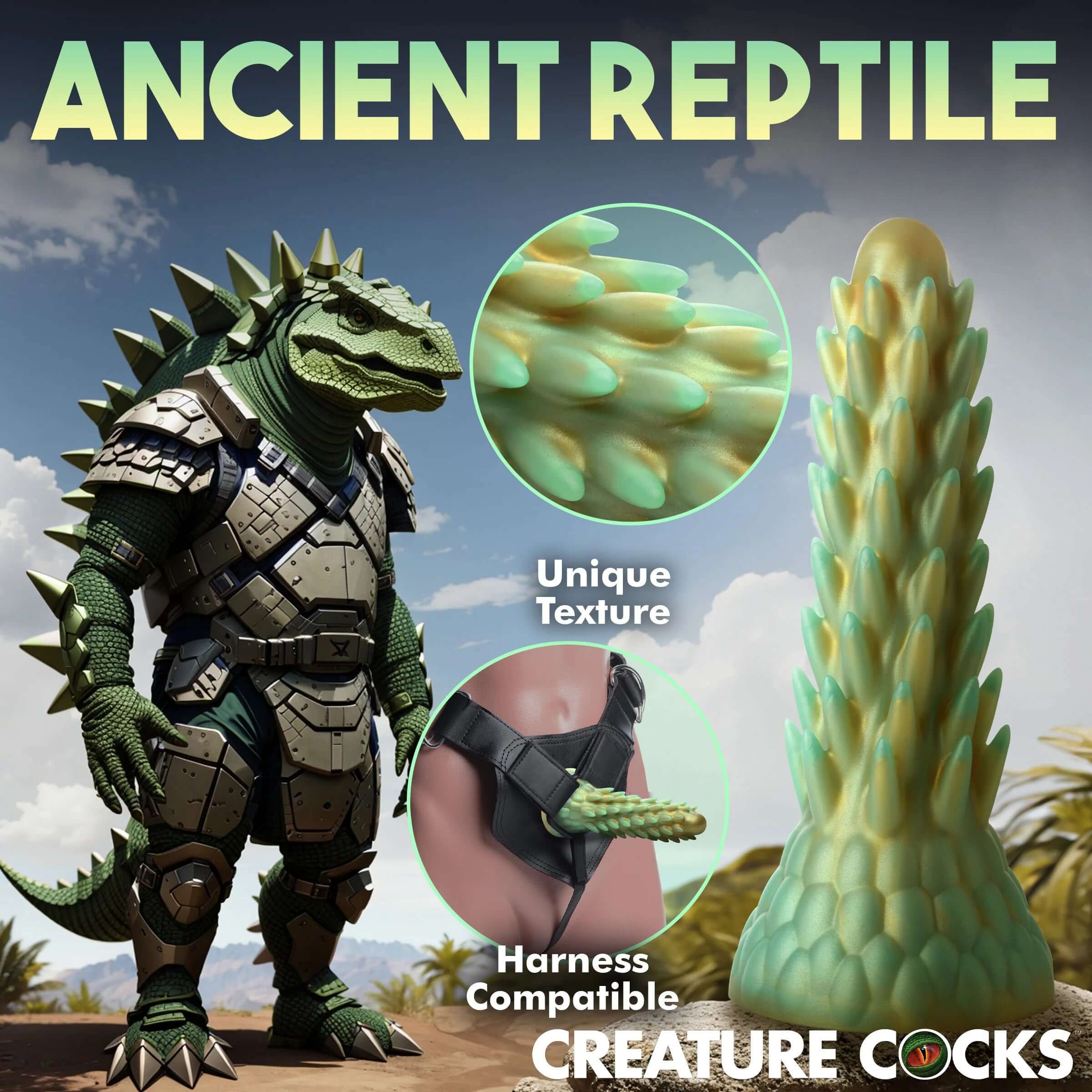 Stegosaurus-inspired silicone dildo with gold and teal spiky texture, harness compatible, labeled as "Ancient Reptile" by Creature Cocks