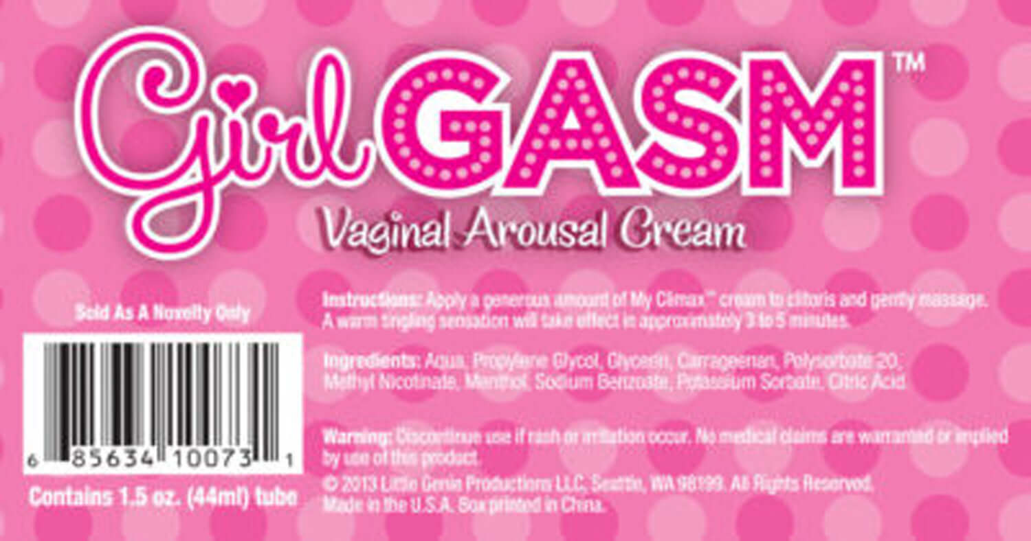 Girlgasm Vaginal Arousal Cream label showing usage instructions and ingredients for enhanced sexual pleasure.