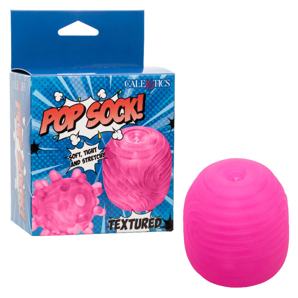 "Pop Sock Textured Masturbation Sleeve - Pink reversible stroker packaging and product"