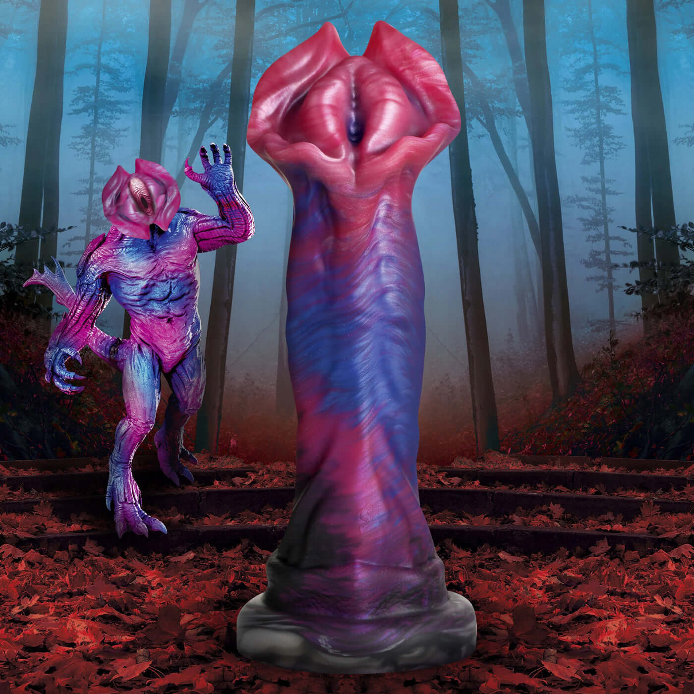 Demogorgon silicone dildo with strong curved shaft and ridges, standing in a dark forest from the Upside Down with a menacing figure.