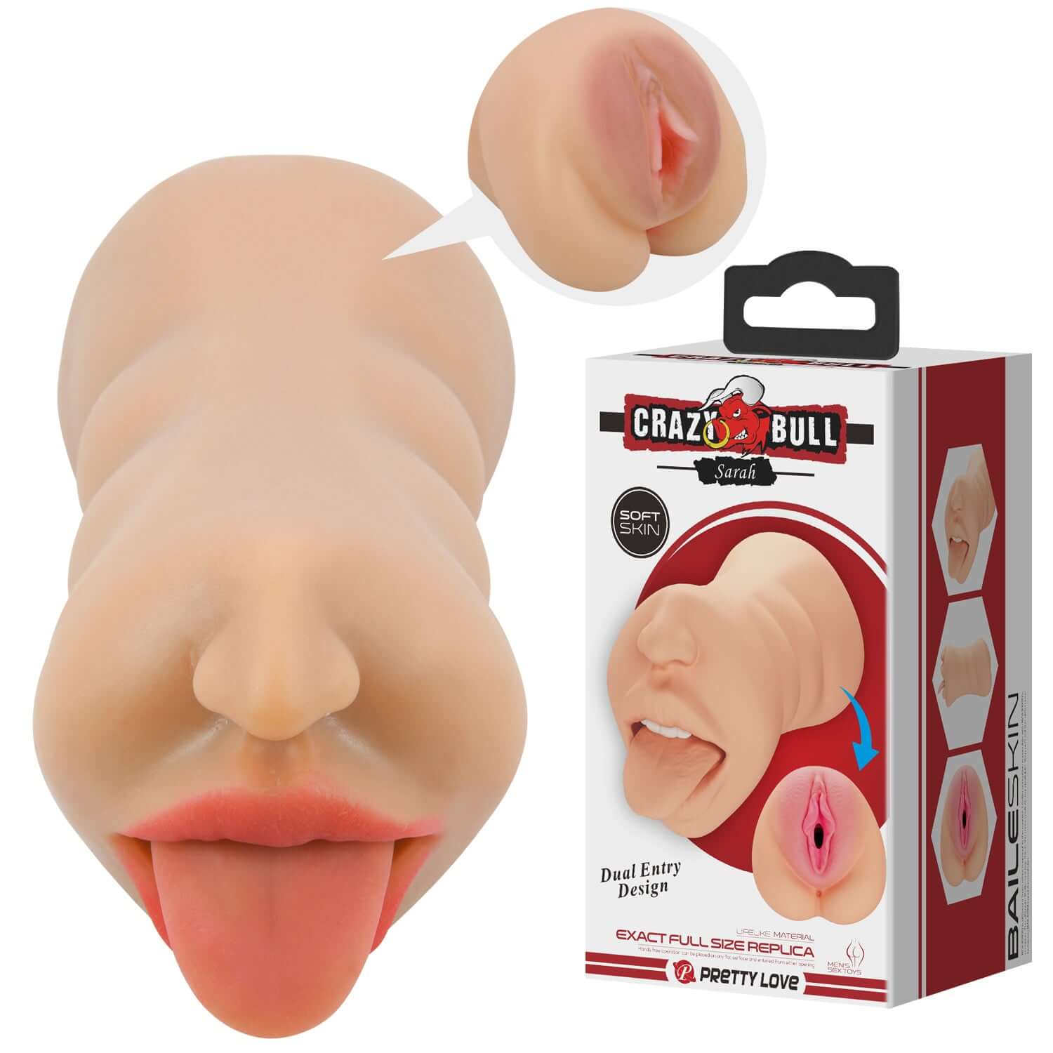 Sarah Mouth Masturbator Sleeve with dual entry design and realistic details, displayed with packaging.