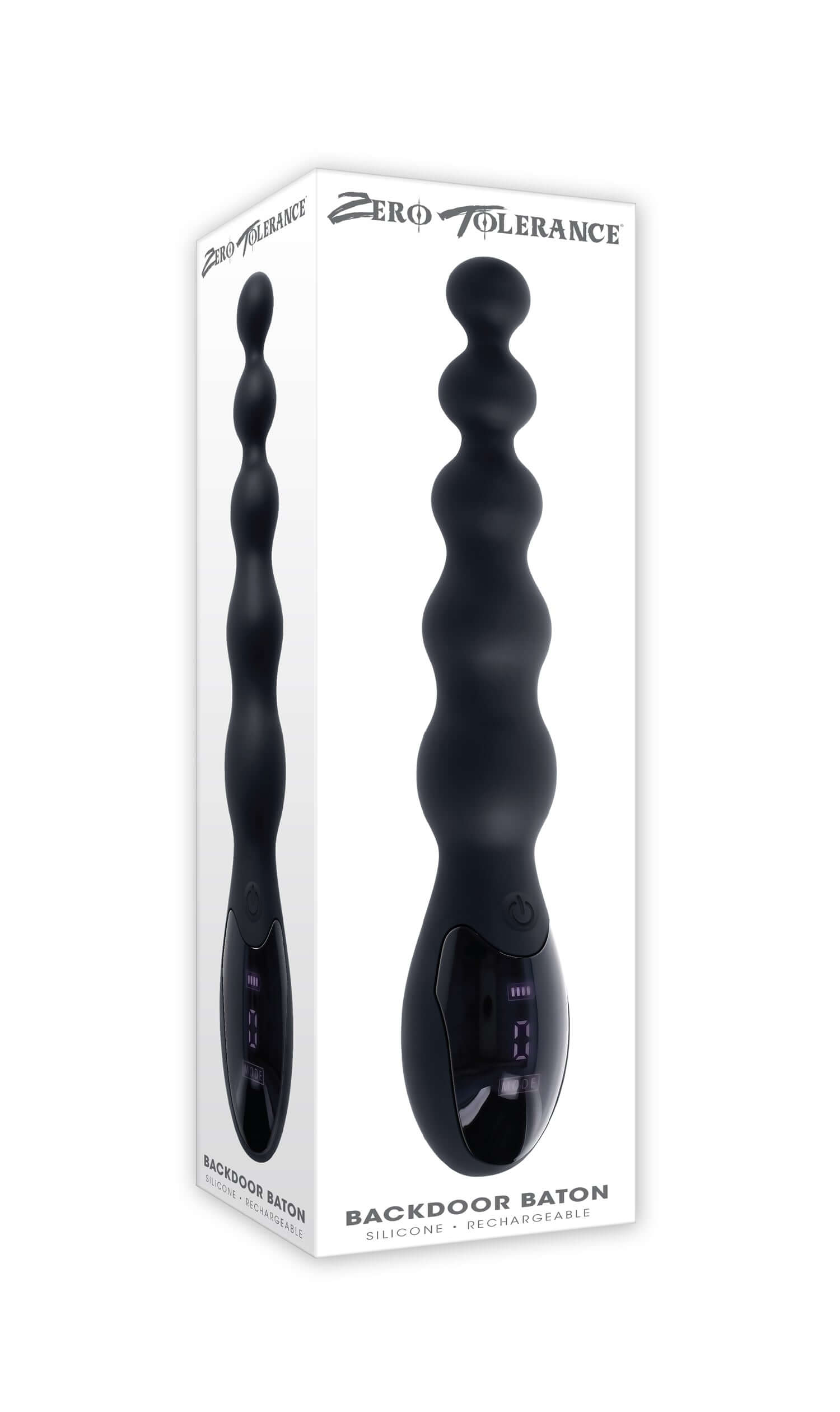 Backdoor Baton anal massager in black packaging, featuring flexible design and multiple vibrating speeds.