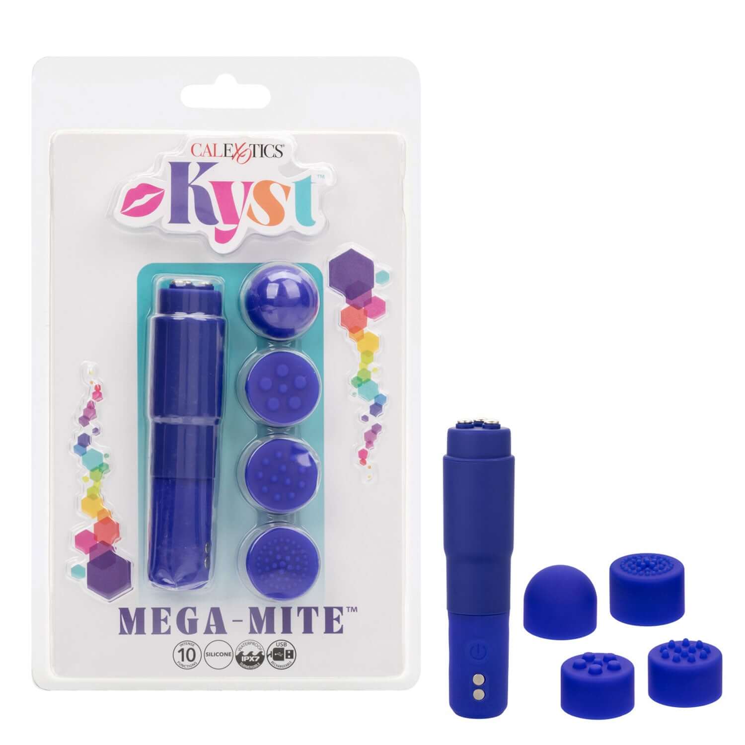 Kyst Mega-Mite Massager in purple with four interchangeable silicone tips for versatile personal stimulation.