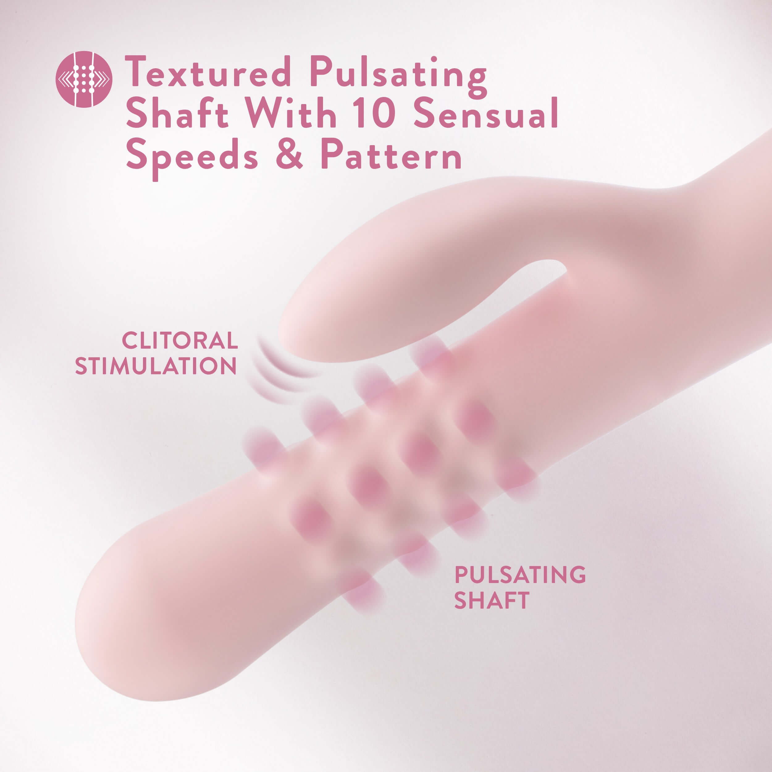 Textured pulsating rabbit massager with 10 unique speeds for clitoral stimulation and G-spot pleasure in pink color.