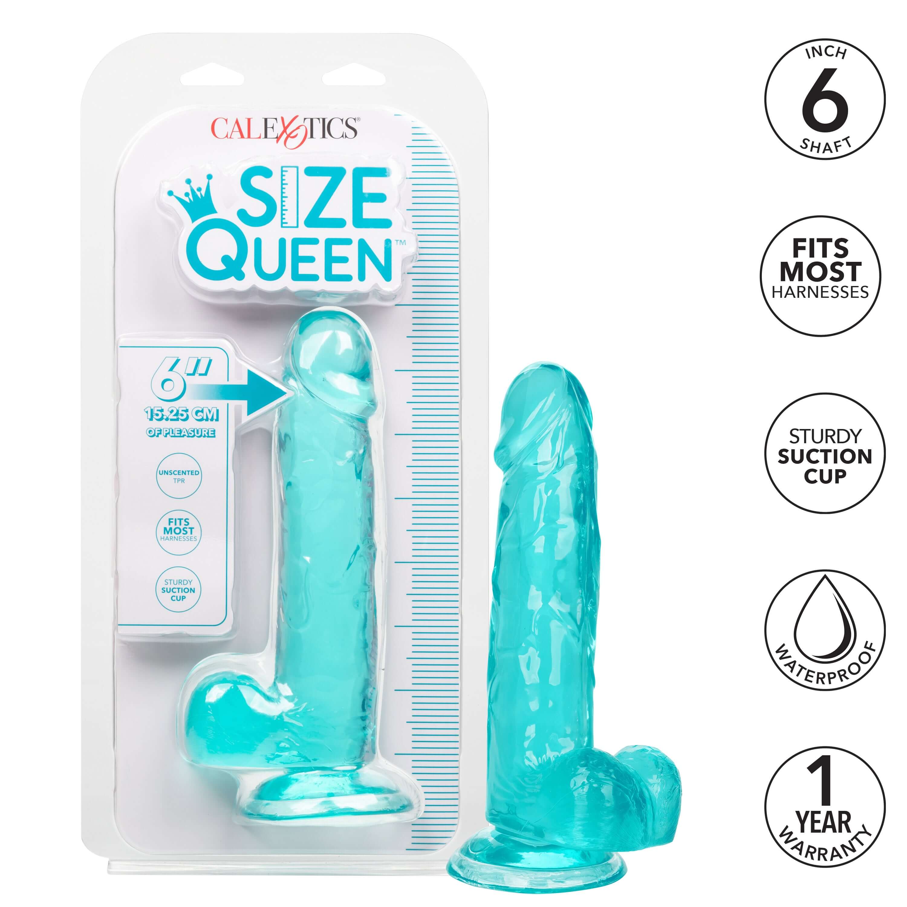 "CalExotics Size Queen 6-Inch Blue Dildo with packaging, featuring realistic design and sturdy suction cup, fits most harnesses."