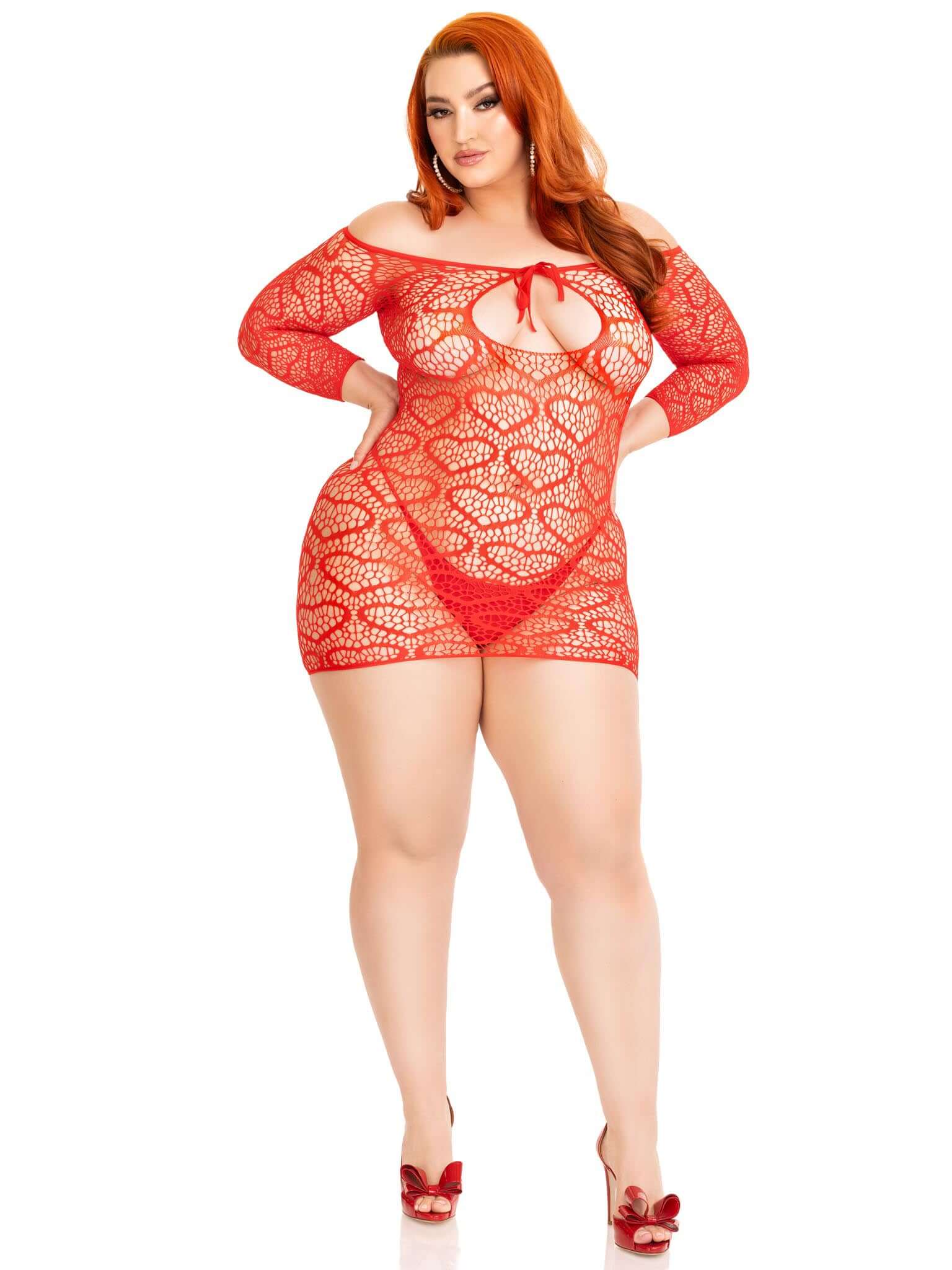 Seamless Heart Net Mini Dress - 1x/2x - Red-1