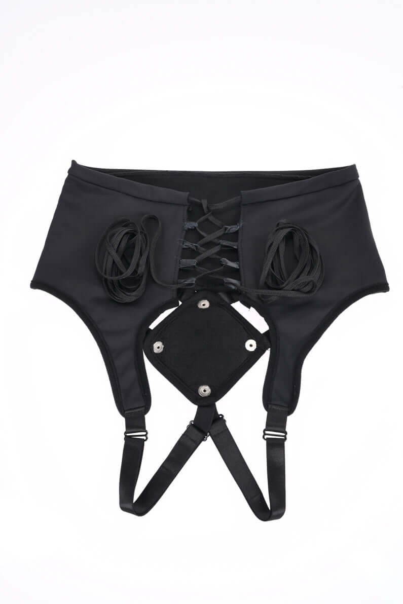 High Waisted Corset Strap On in Black with adjustable laces and straps, designed for comfort and secure fit.