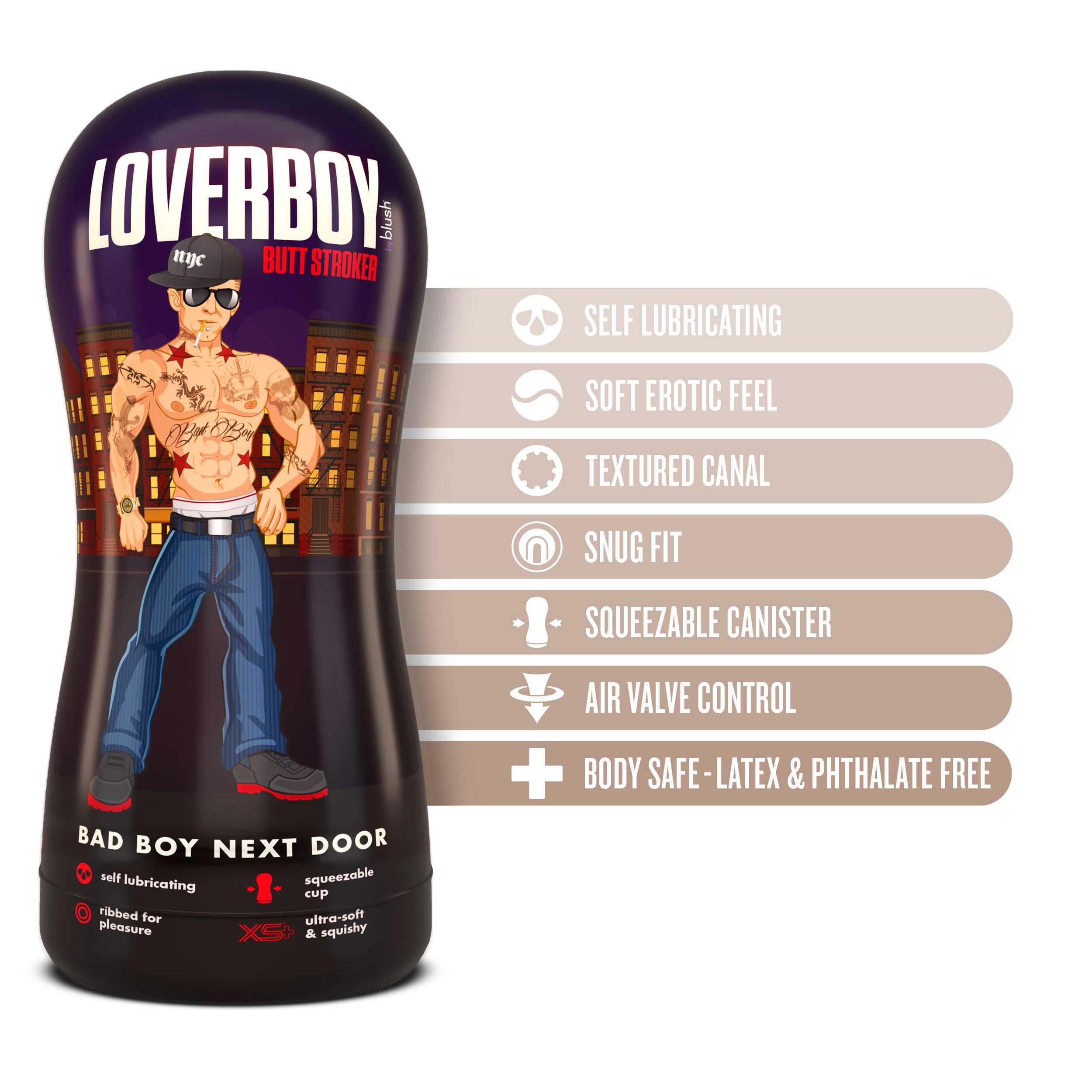 Loverboy Bad Boy Next Door stroker featuring self-lubricating, textured canal, air valve control, and body-safe materials.