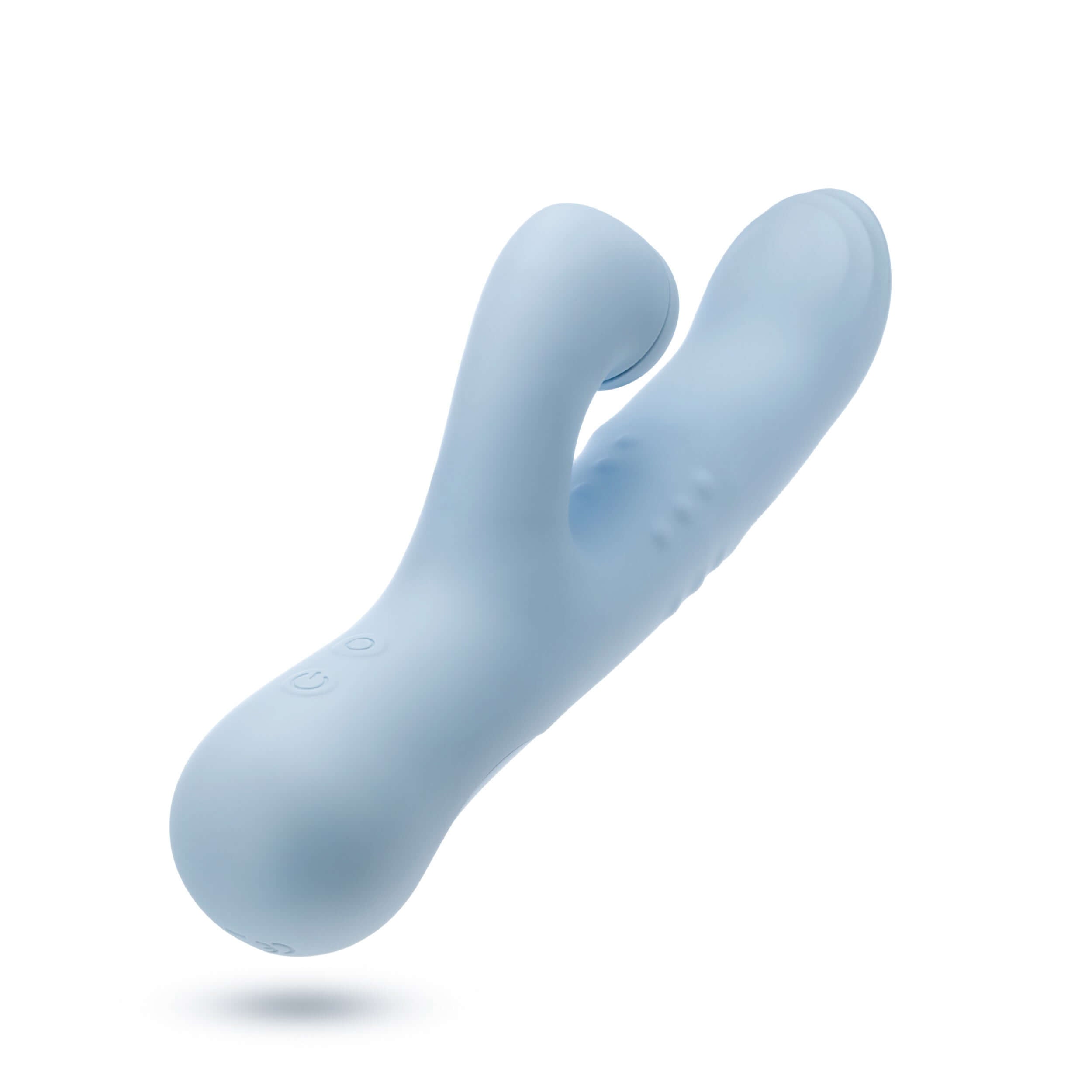 Blue Devin Rabbit Massager vibrator with G-spot and clitoral stimulation, featuring a sliding shaft with massaging beads.