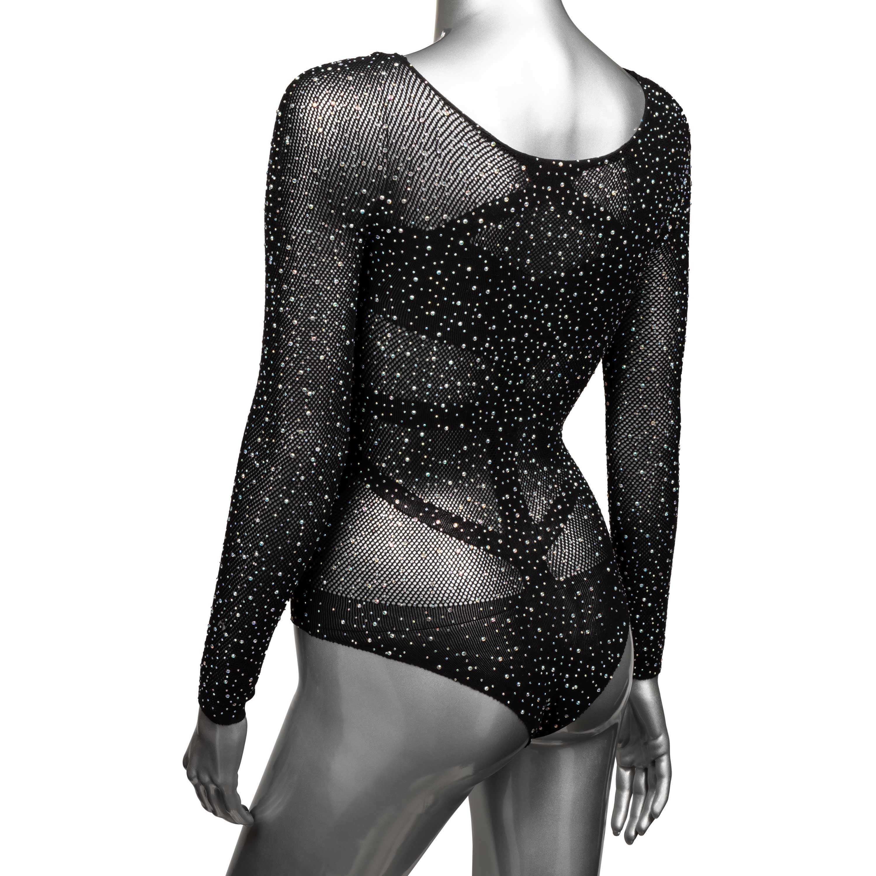 Black mesh long sleeve bodysuit with sparkling rhinestones and thong design, showcasing a stylish and edgy look.