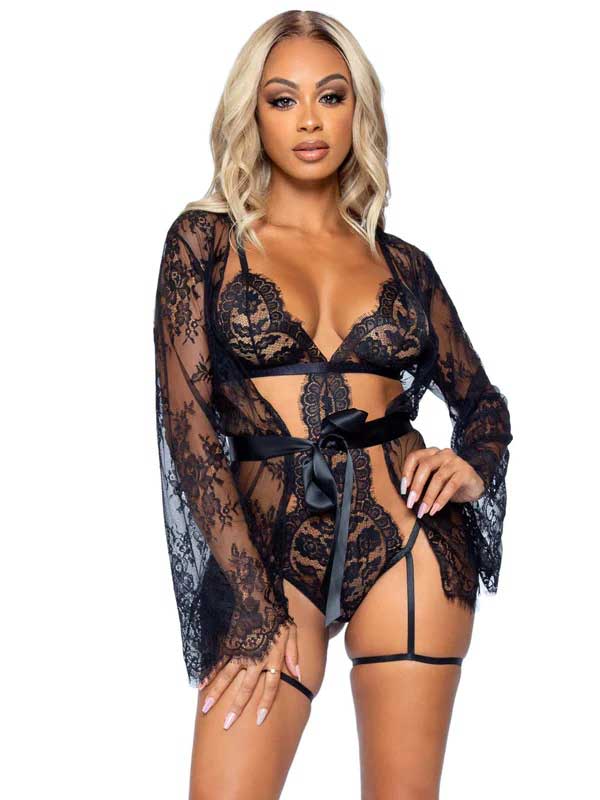 All Romance Lace Teddy and Robe Set - Medium -  Black-3