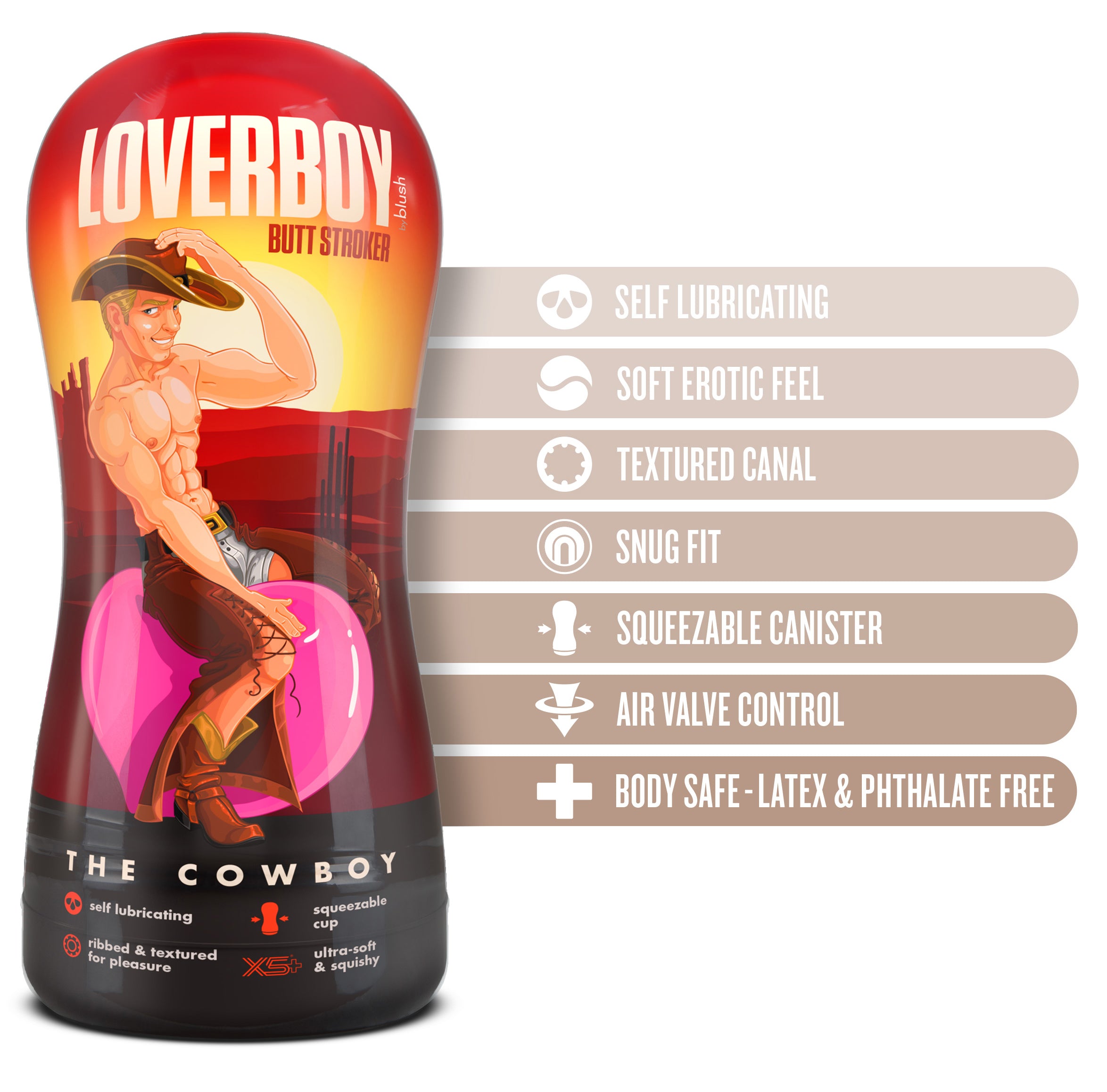 Loverboy Cowboy self-lubricating stroker with textured canal, snug fit, and body-safe materials.