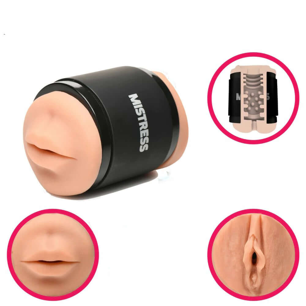 Mistress Double Shot Mouth and Pussy Stroker with detailed texture view and close-ups of mouth and vulva openings