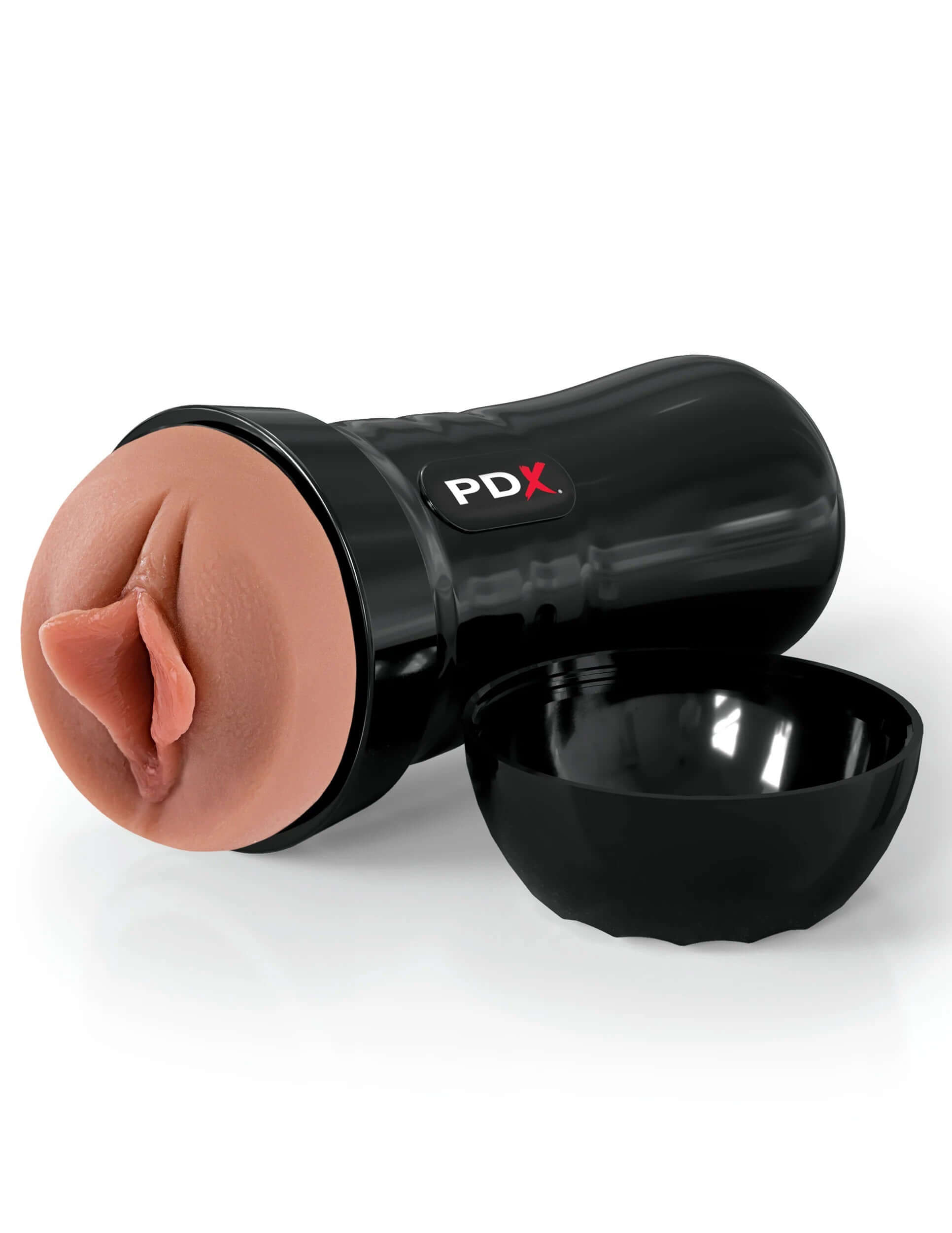 Self-lubricating stroker with realistic lips design, black casing, and cap.