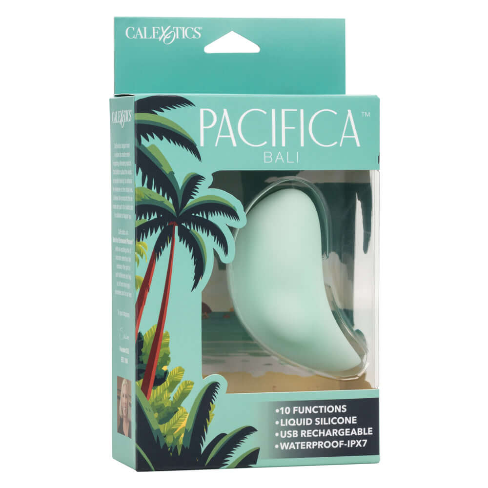 Pacifica Bali Massager in green packaging with 10 functions, liquid silicone, USB rechargeable, and waterproof IPX7 features.