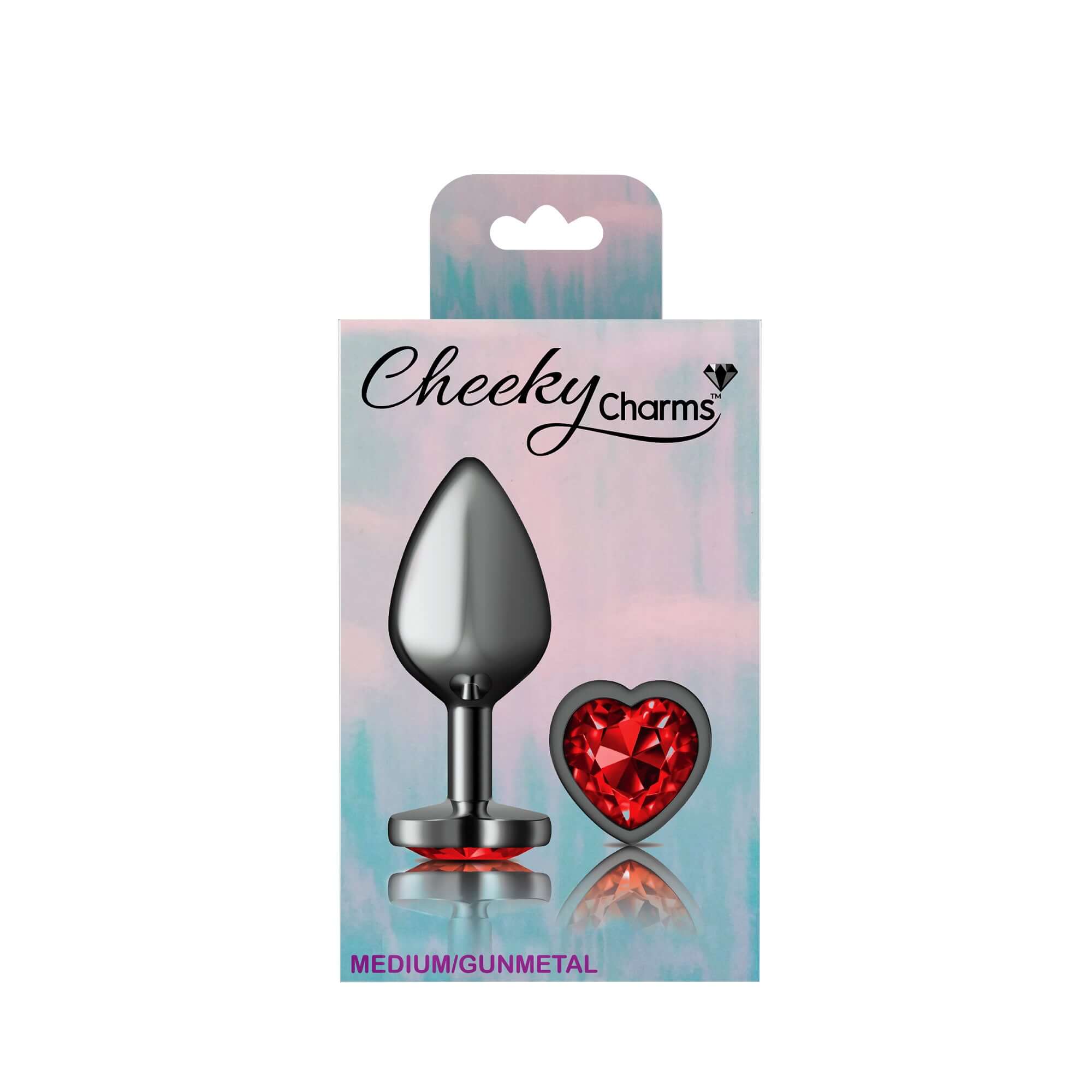 Cheeky Charms-Gunmetal Metal Butt Plug- Heart-Dark Red-Medium-6