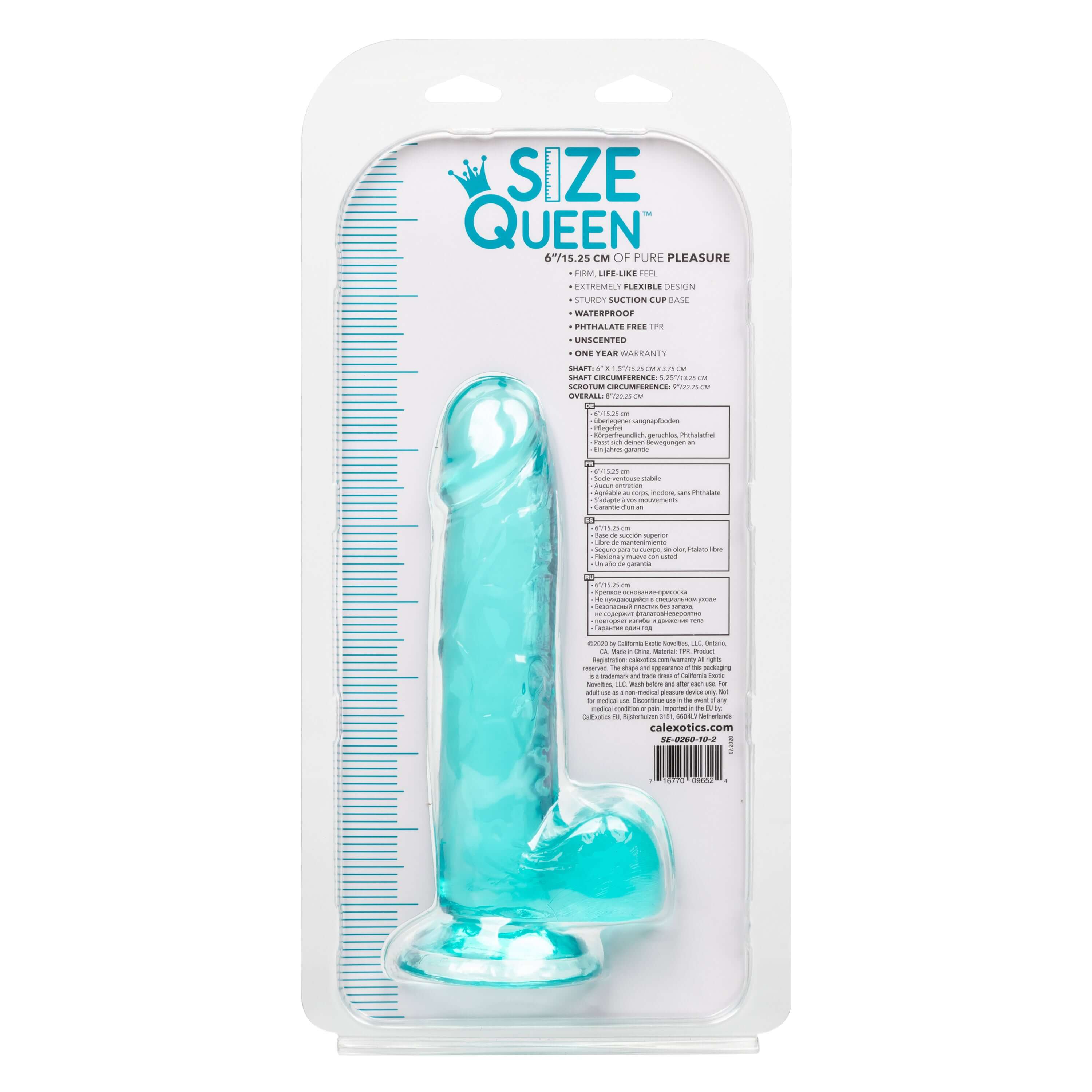 Blue 6-Inch Size Queen™ dildo in packaging, showcasing realistic design and firm texture by CalExotics.