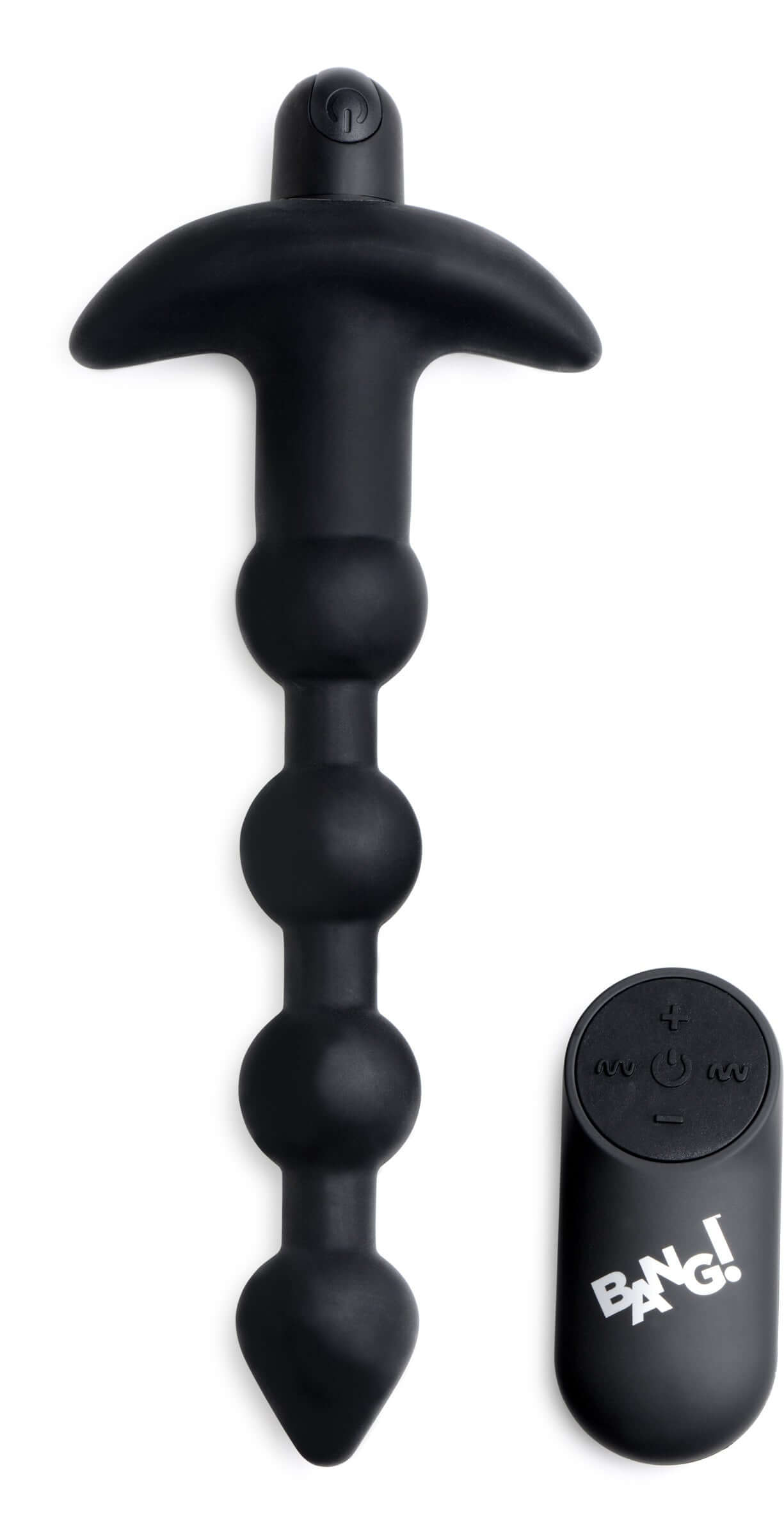 Bang Vibrating Silicone Anal Beads and Remote Black - smooth, flexible anal toy with tapered tip and wide base for safe, comfortable use.