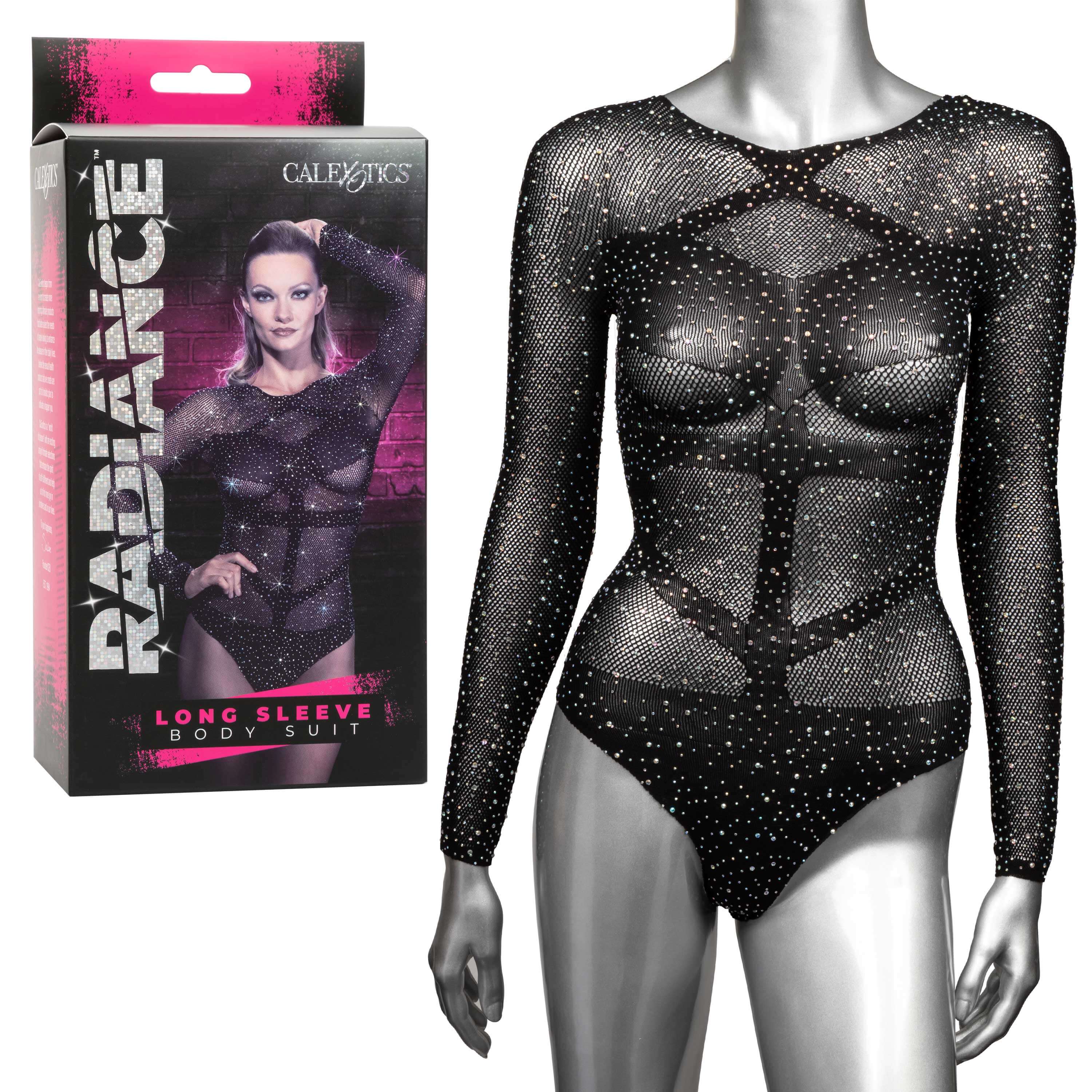 Black Radiance Long Sleeve Body Suit with sparkling rhinestones displayed next to packaging.