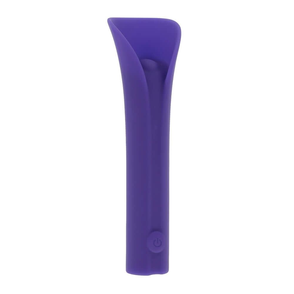 Purple full coverage vibrating bullet massager with curved hood and 10 speeds designed for widespread external stimulation and pleasure.