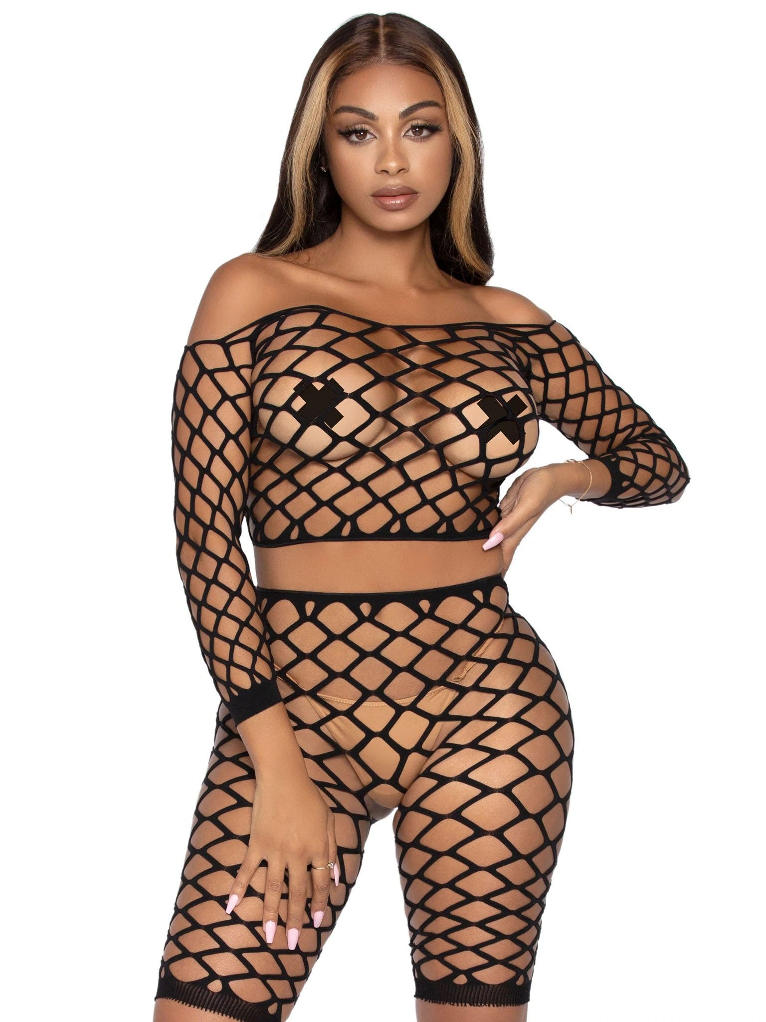 2 Pc Net Crop Top and Bike Shorts - One Size -  Black