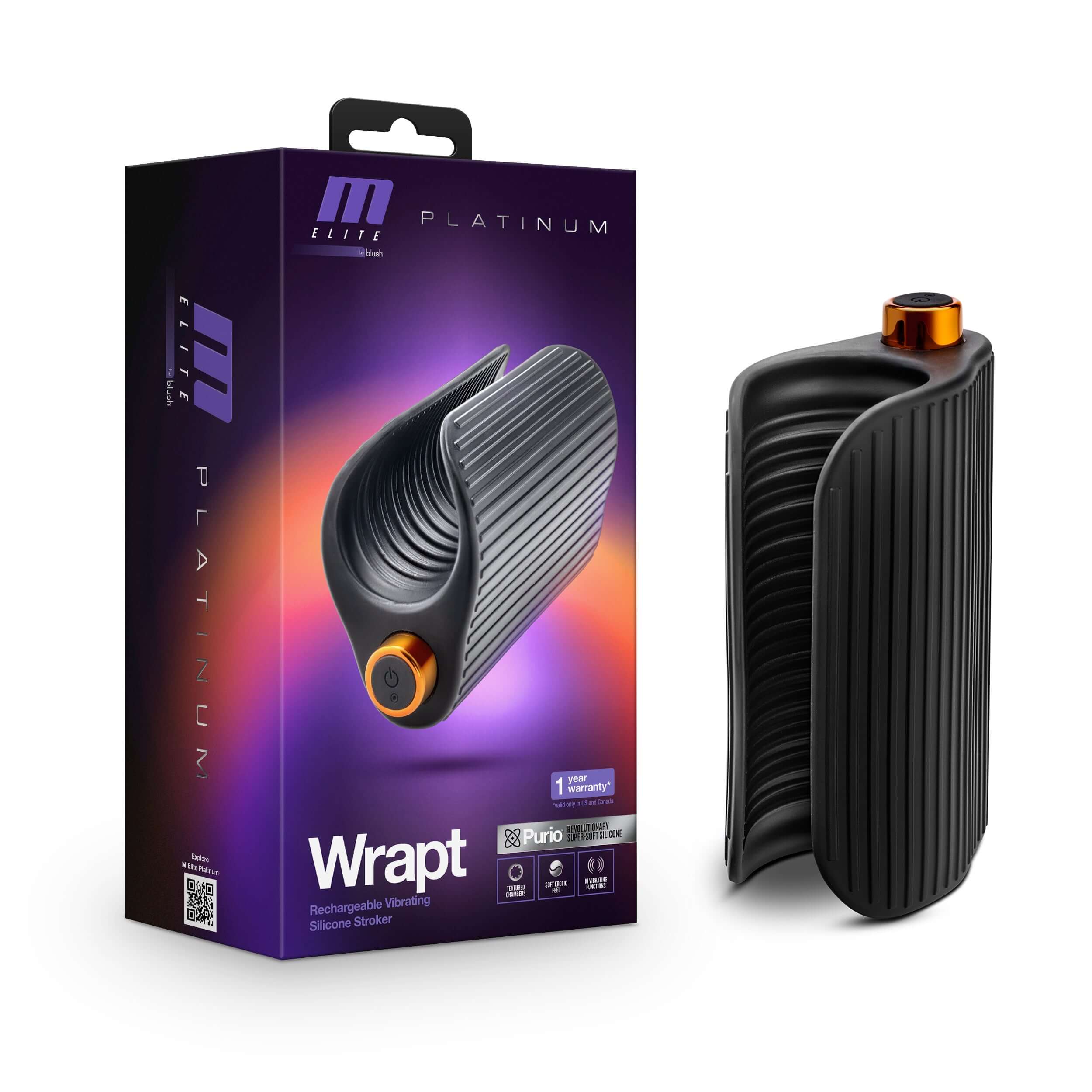 M Elite Platinum Wrapt black rechargeable stroker with ribbed texture and ergonomic design, packaged in vibrant box.