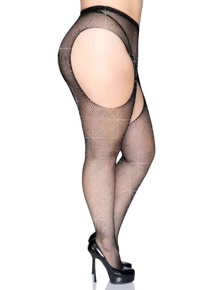 Black Casey rhinestone fishnet suspender pantyhose with bold cutouts, featuring a luxurious and glamorous design.