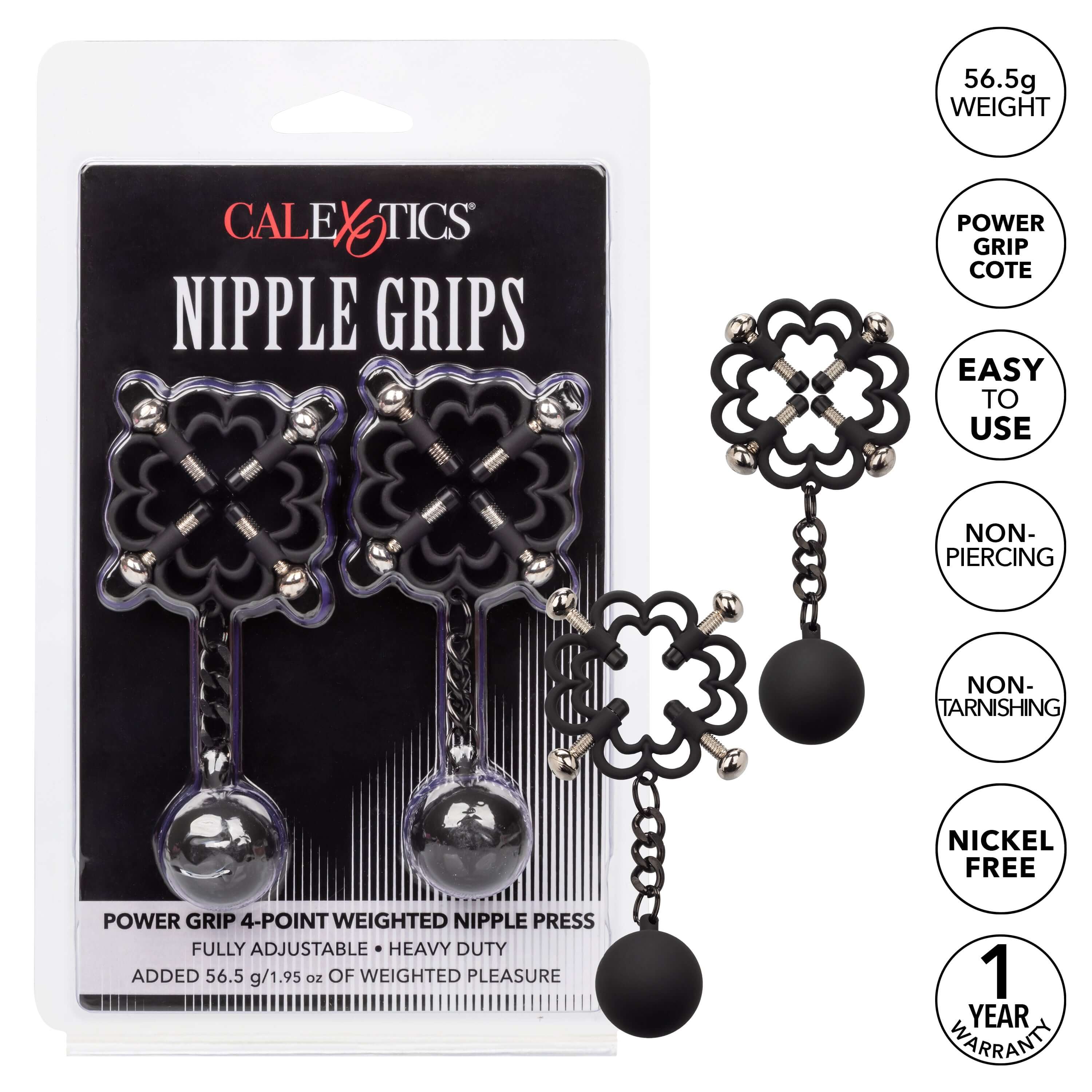 Nipple Grips Power Grip 4-Point Weighted Nipple Press with silicone-cote clamps and weights for enhanced sensation and pleasure.