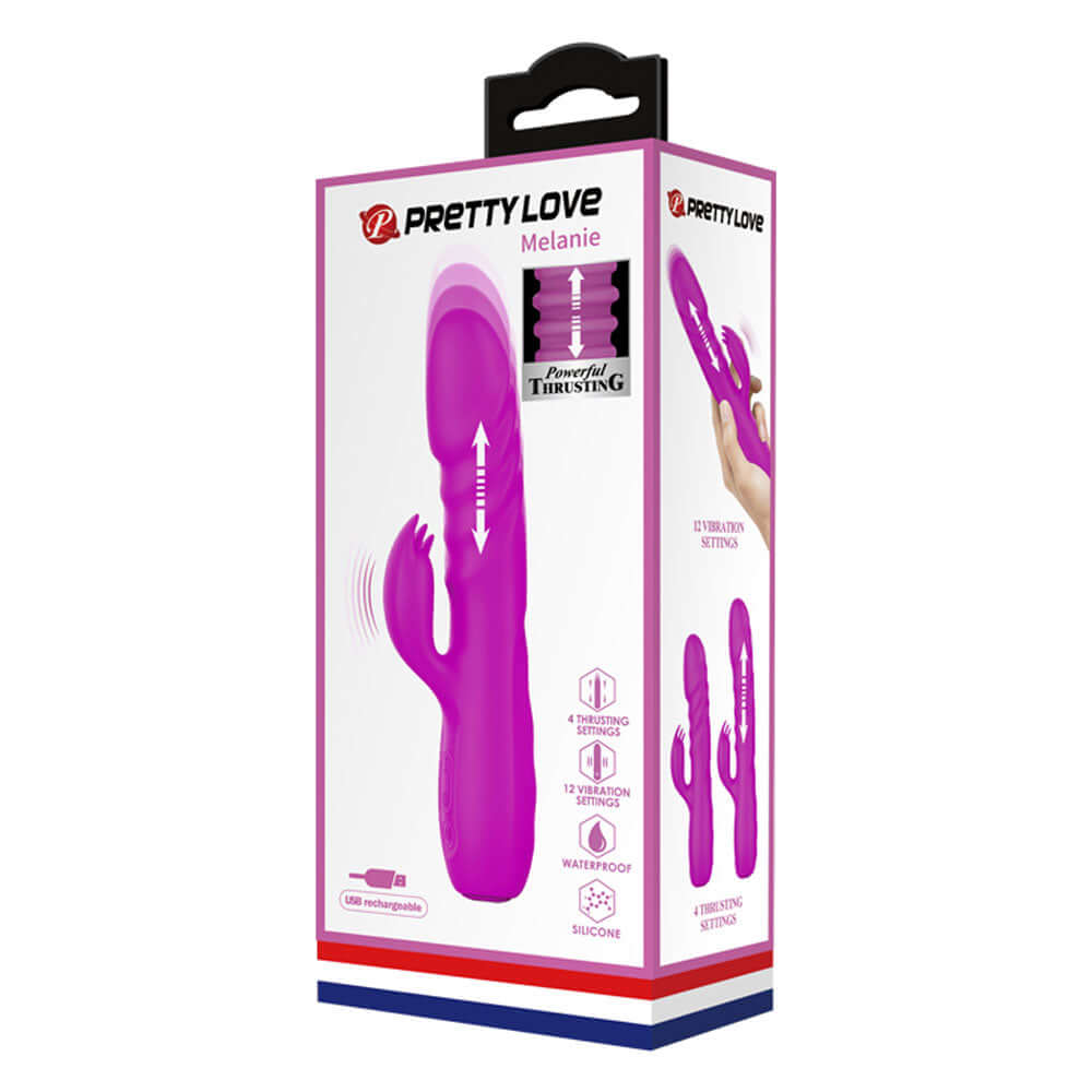 Pretty Love Melanie Powerful Thrusting Rabbit Vibrator in purple packaging emphasizes thrusting features and dual stimulation.