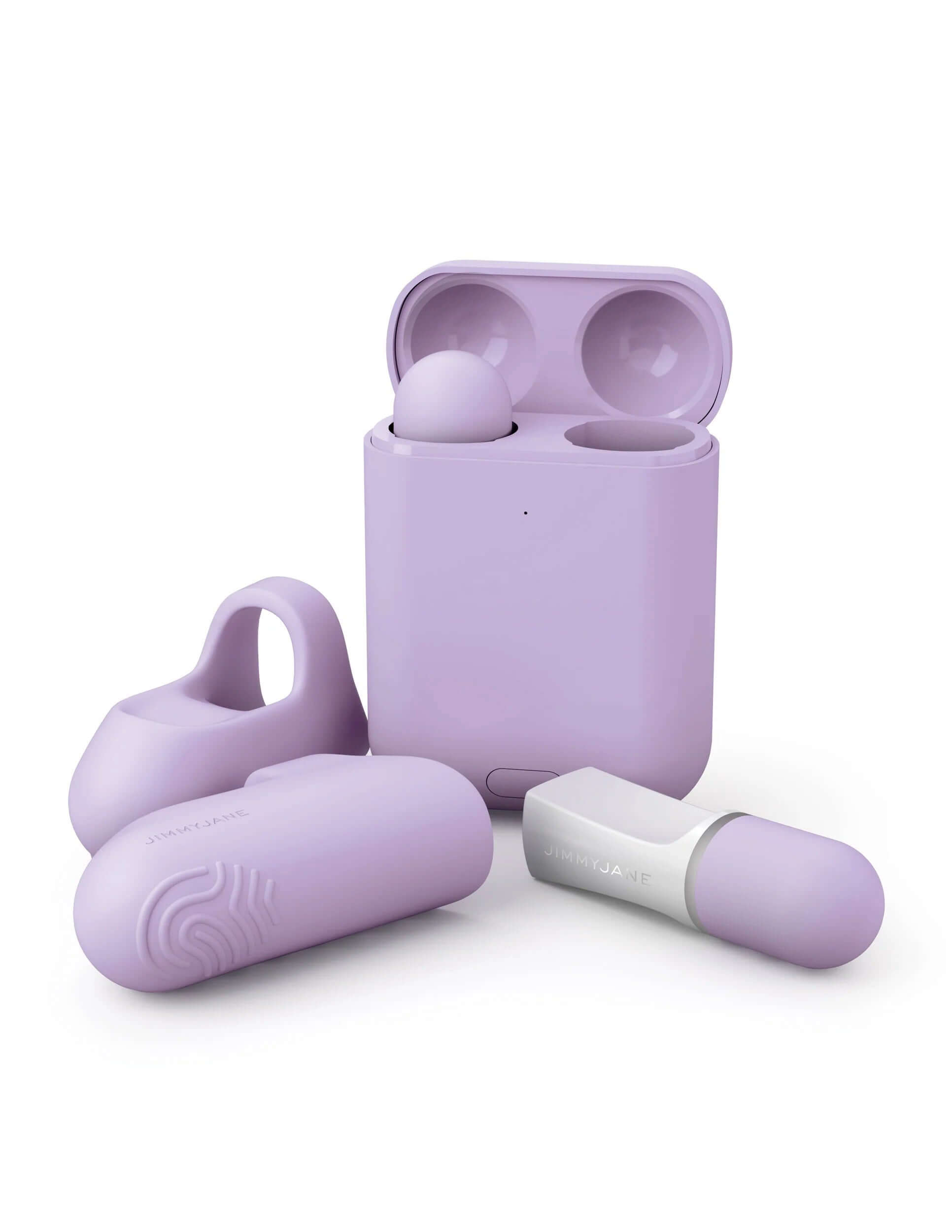 Jimmy Jane Hello Touch Pro Lilac Finger Massager with sleek travel case and silicone tips.