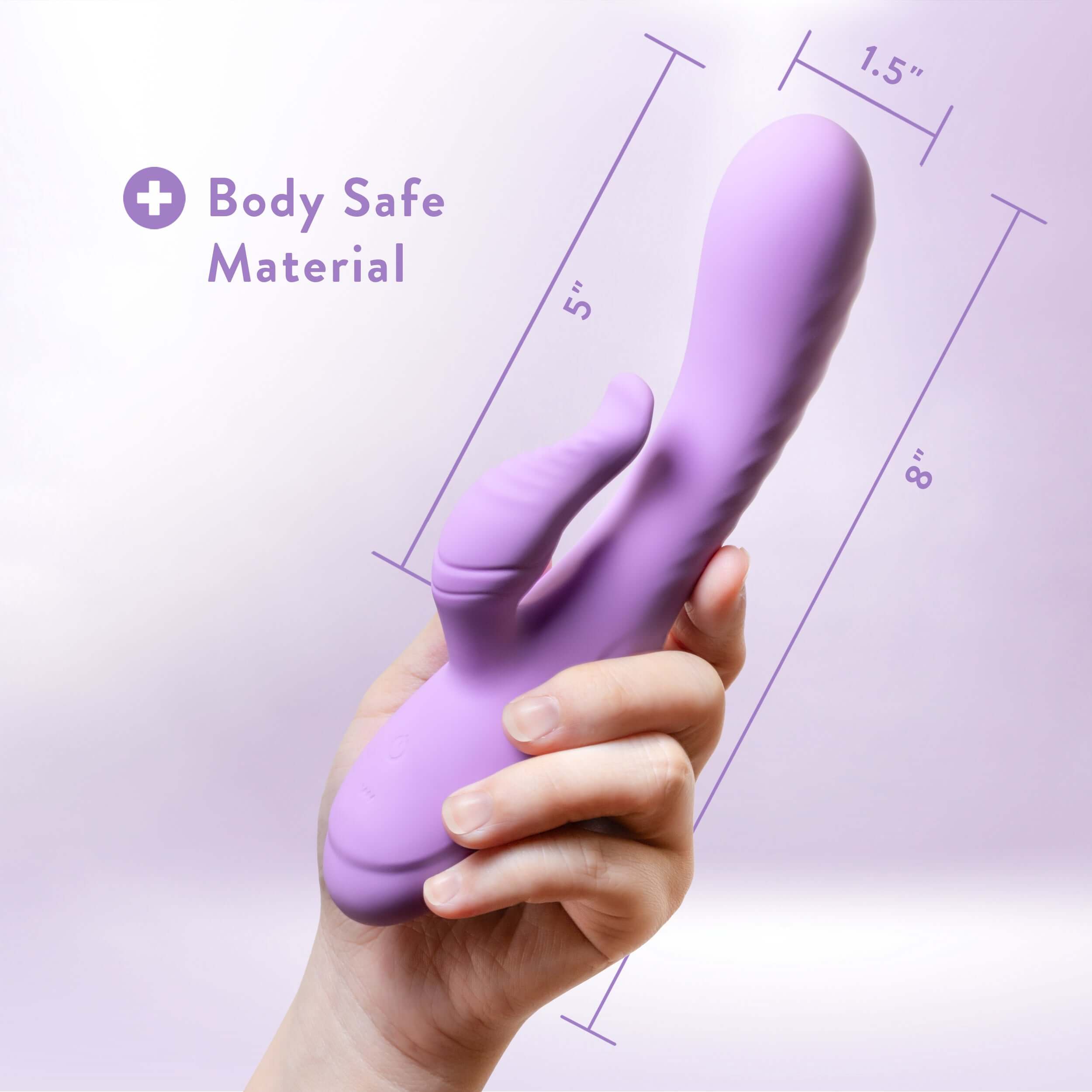 Hand holding Blush Evelyn Rabbit Massager in purple with body safe material label and dimensions displayed in the background.