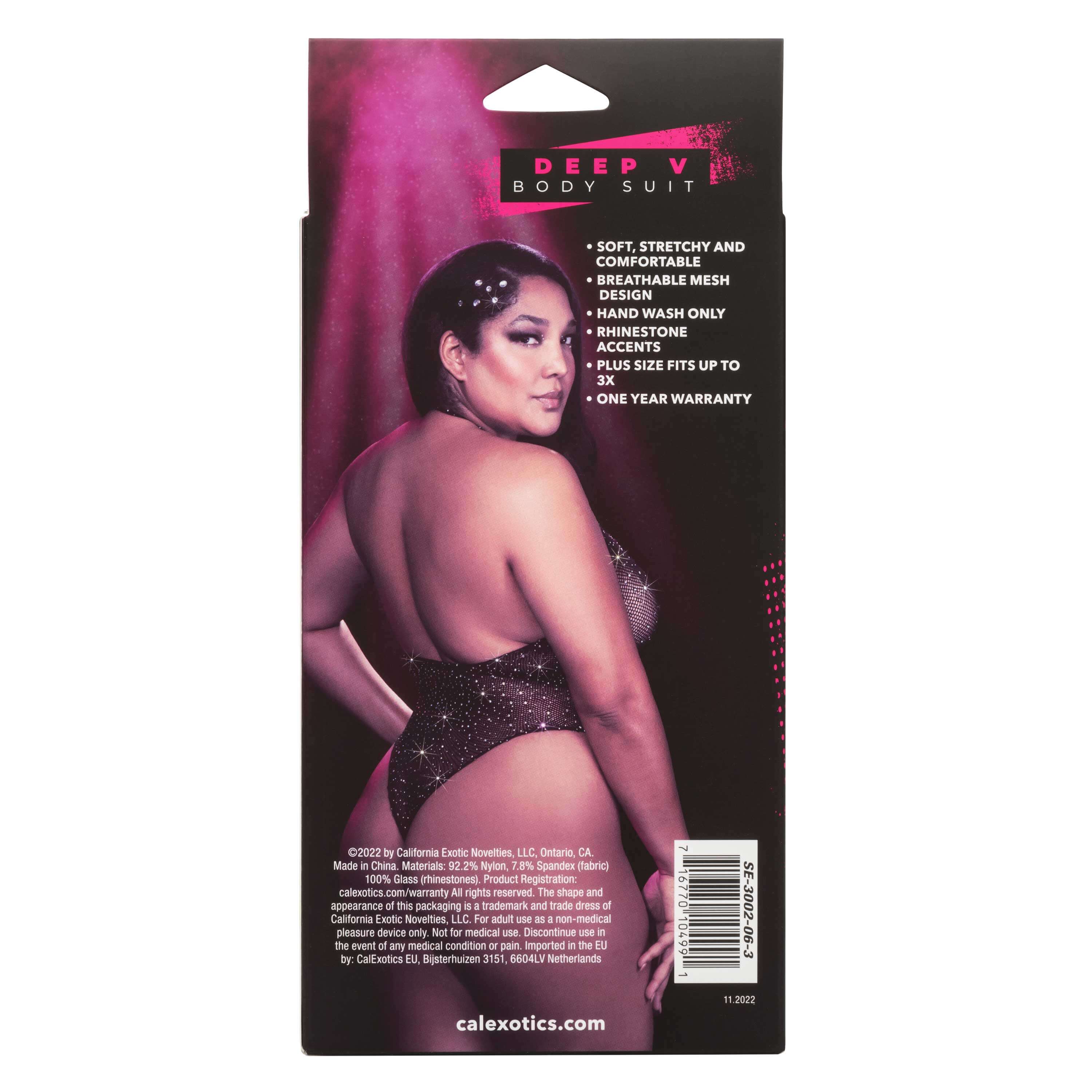 Back view of a woman in the Radiance Deep V Bodysuit, showcasing a glittery design and cheeky thong back on packaging.