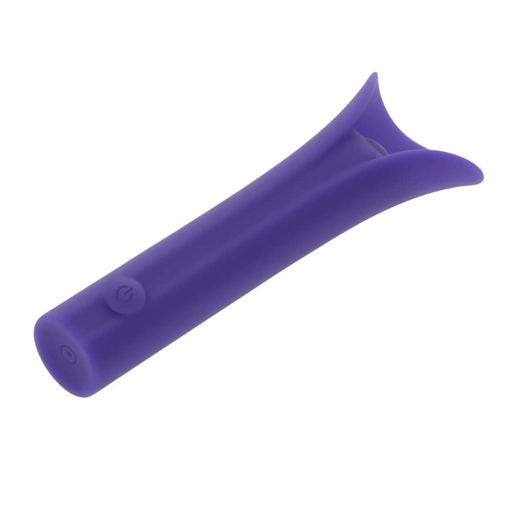 Purple full coverage massager with curved hood and 10 vibrating speeds and patterns for enhanced external stimulation and pleasure.