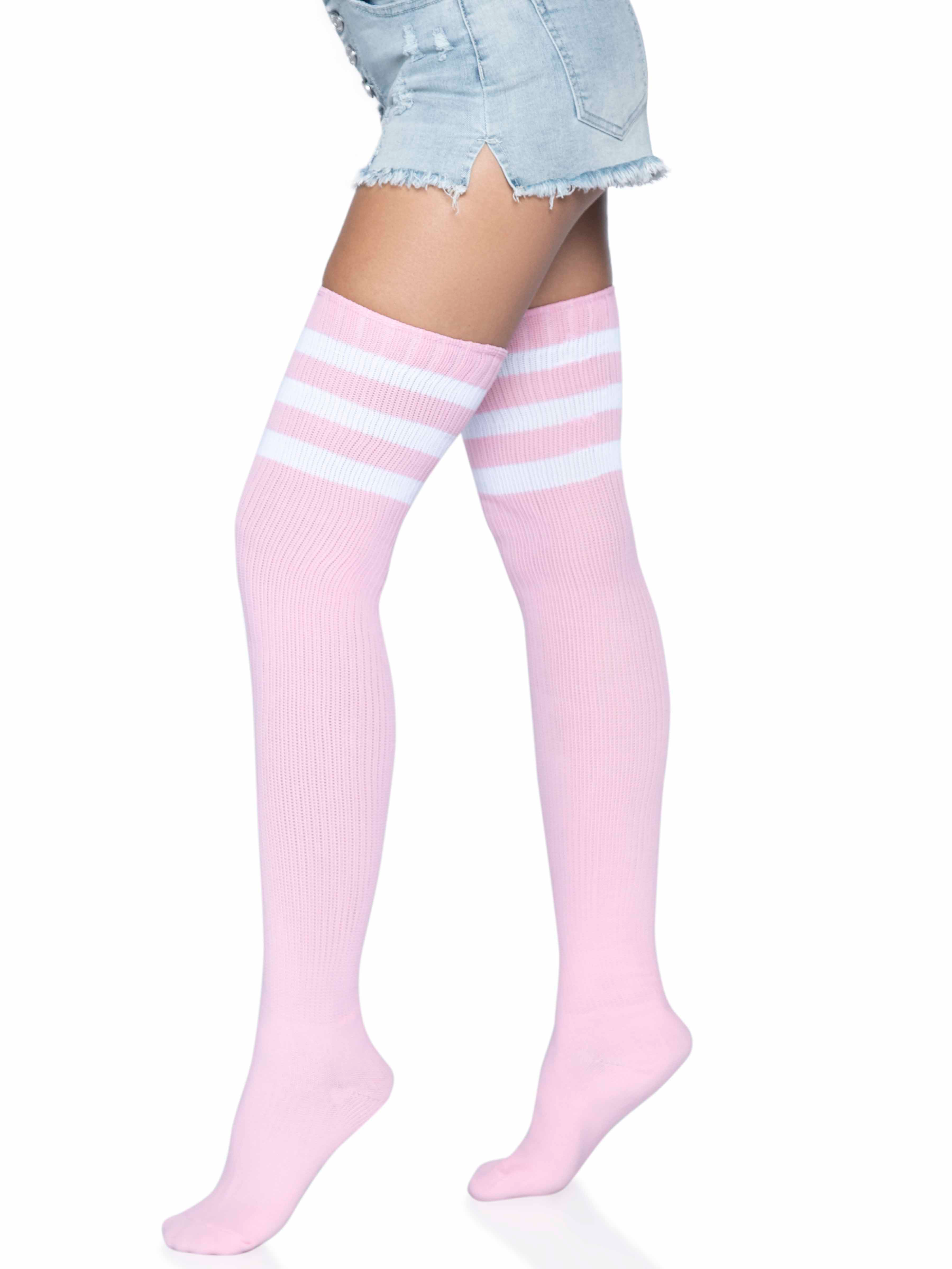 3 Stripes Athletic Ribbed Thigh Highs - One Size - - One Size - Light Pink