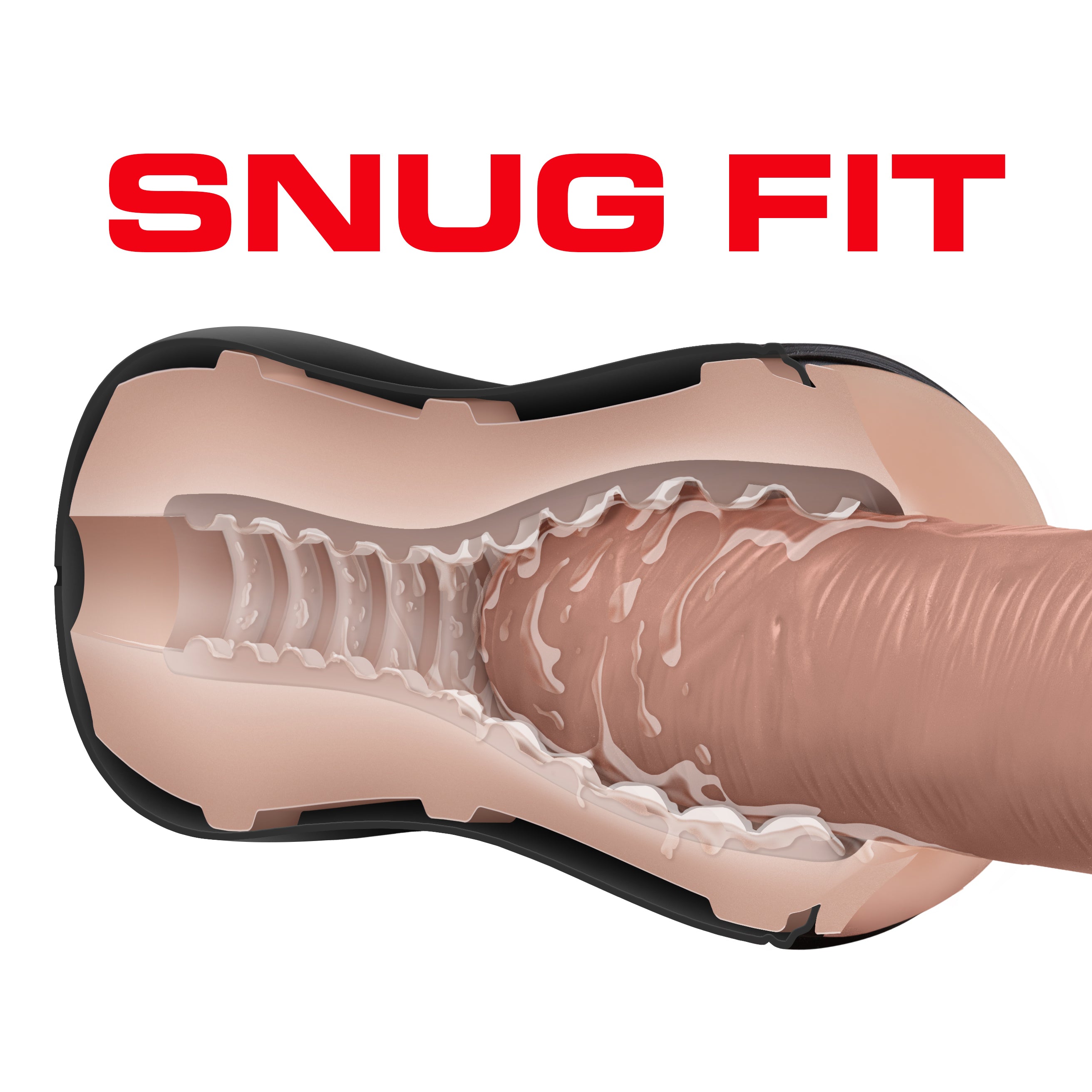 Self-lubricating stroker demonstrating snug fit with textured interior for enhanced pleasure and comfort.