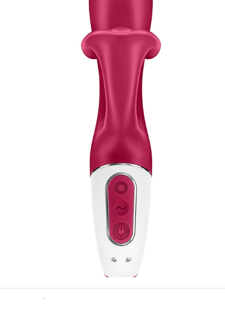 Satisfyer Embrace Me rabbit vibrator in berry color with ergonomic design and control buttons for enhanced stimulation.