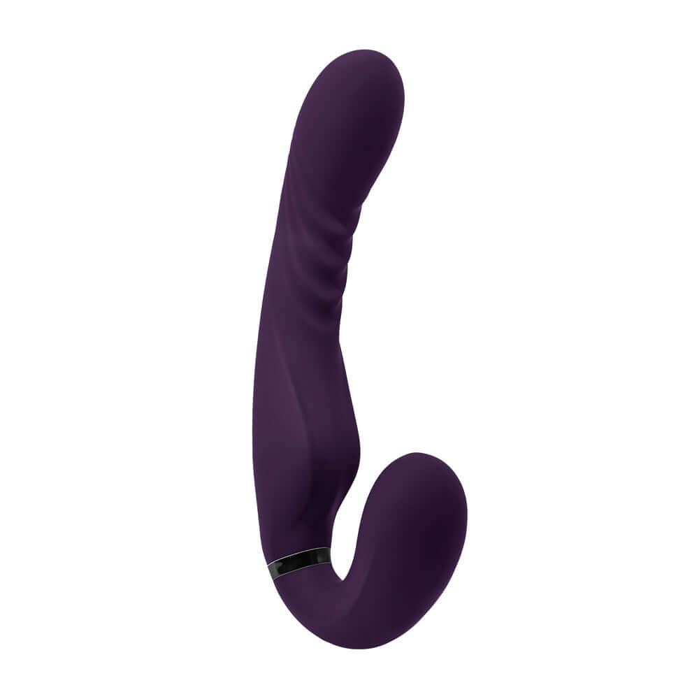 Purple inflatable massager with curved and textured shaft for versatile sensations and strap-on effect.