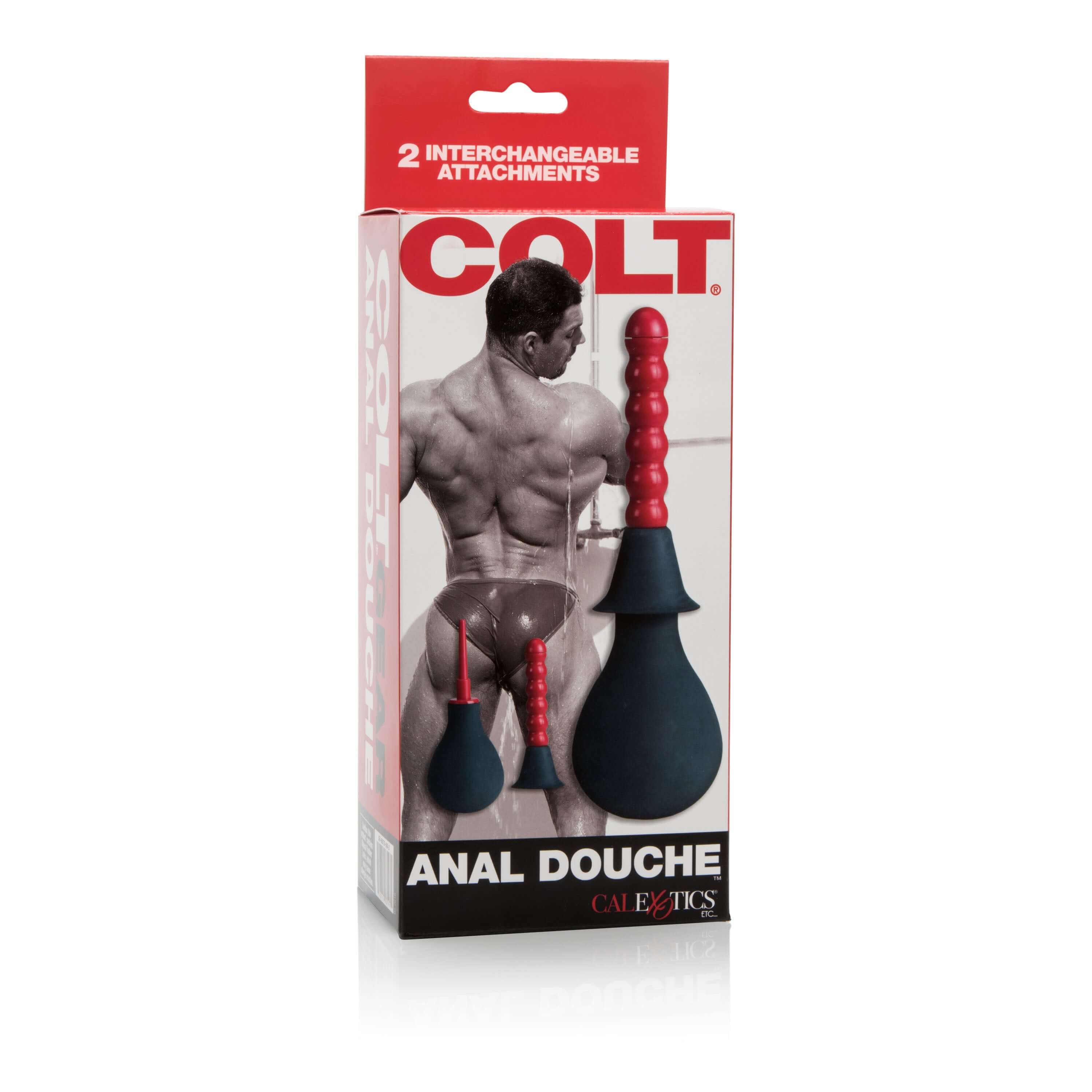 Colt Anal Douche packaging with dual tips, black squeeze bulb, and product details on box.